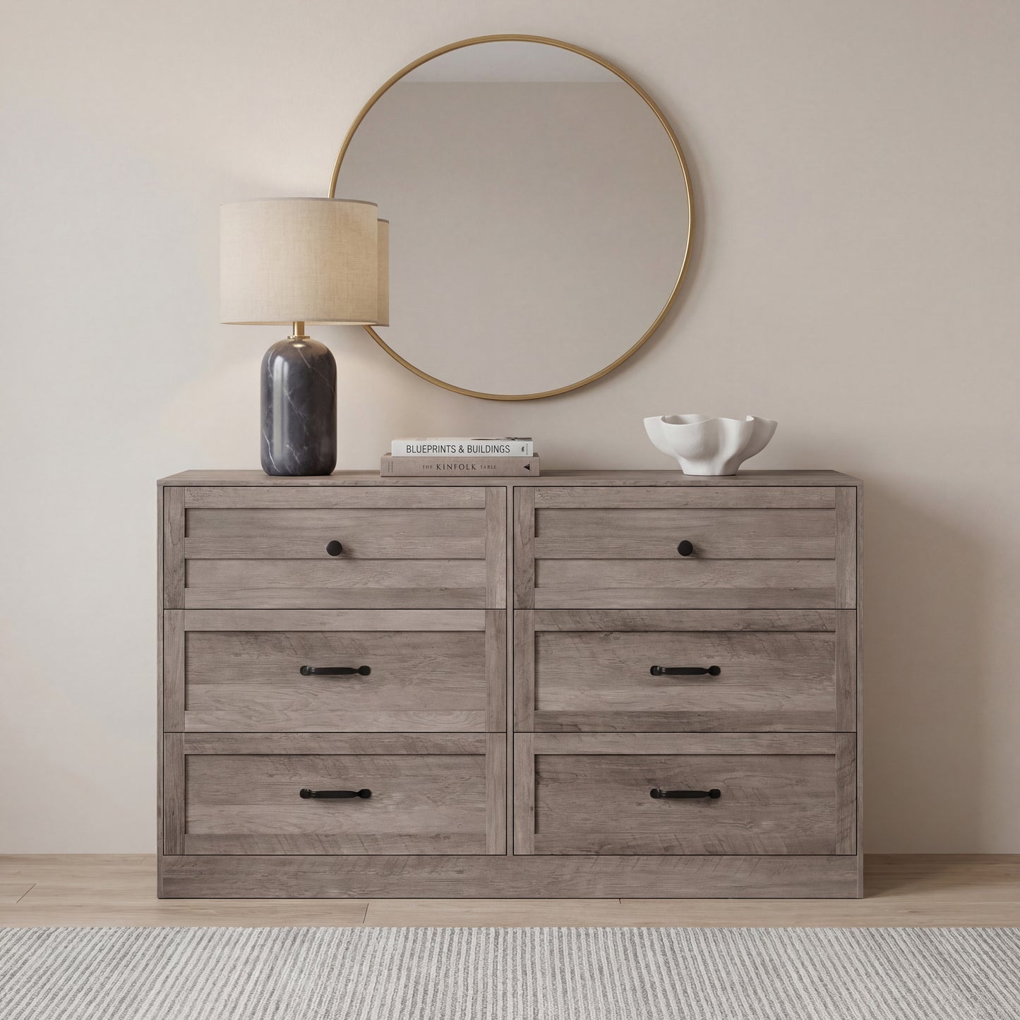 54'' Farmhouse 6 Drawer Dresser, Light Grey Wood Chest of Drawers with Metal Handles, Anti-Tipping Storage Organizer, Multi-use Bedroom Closet Dresser for Living Room Entryway Home Office