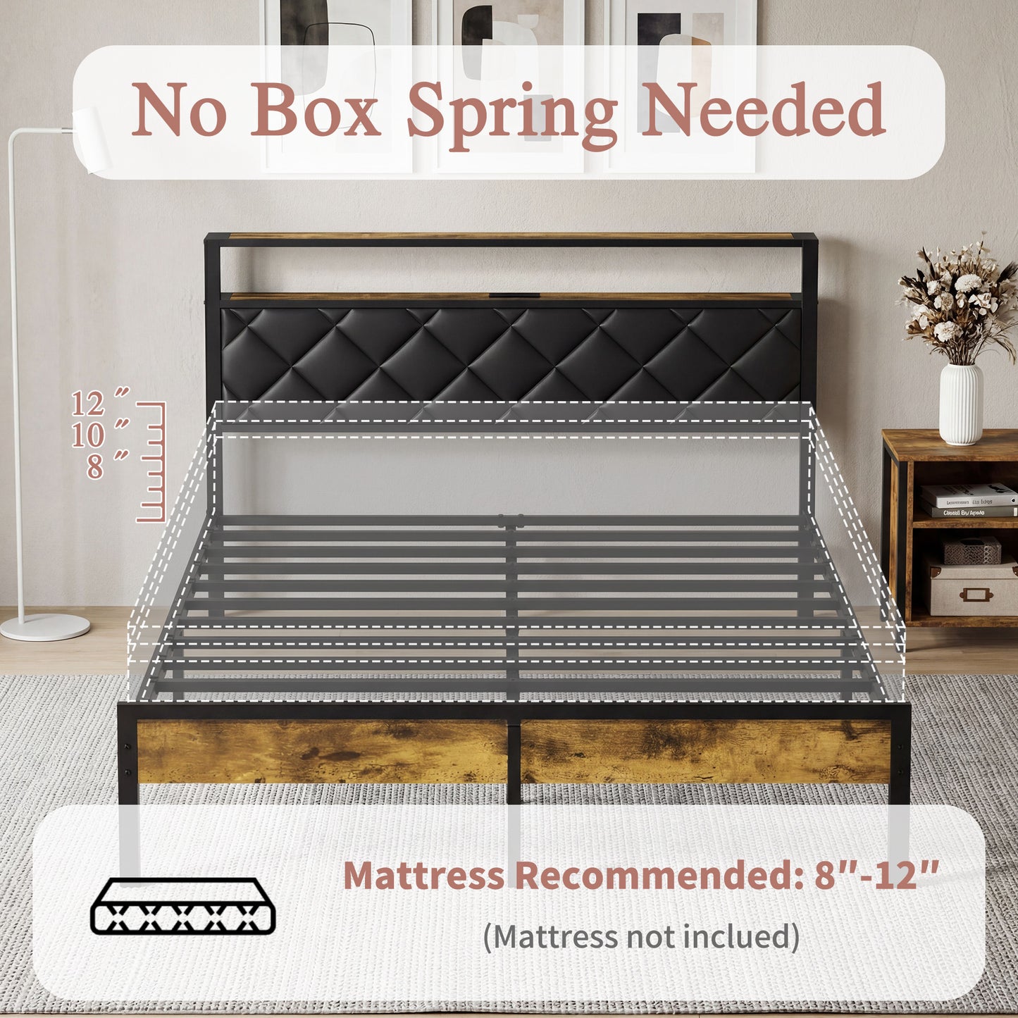 Lofitage Queen Bed Frame with Storage Headboard and Footboard, Metal Platform Bed Frame with Charging Station and LED Lights, Noise Free & Easy Assembly, Upholstered Headboard, No Box Spring Needed.