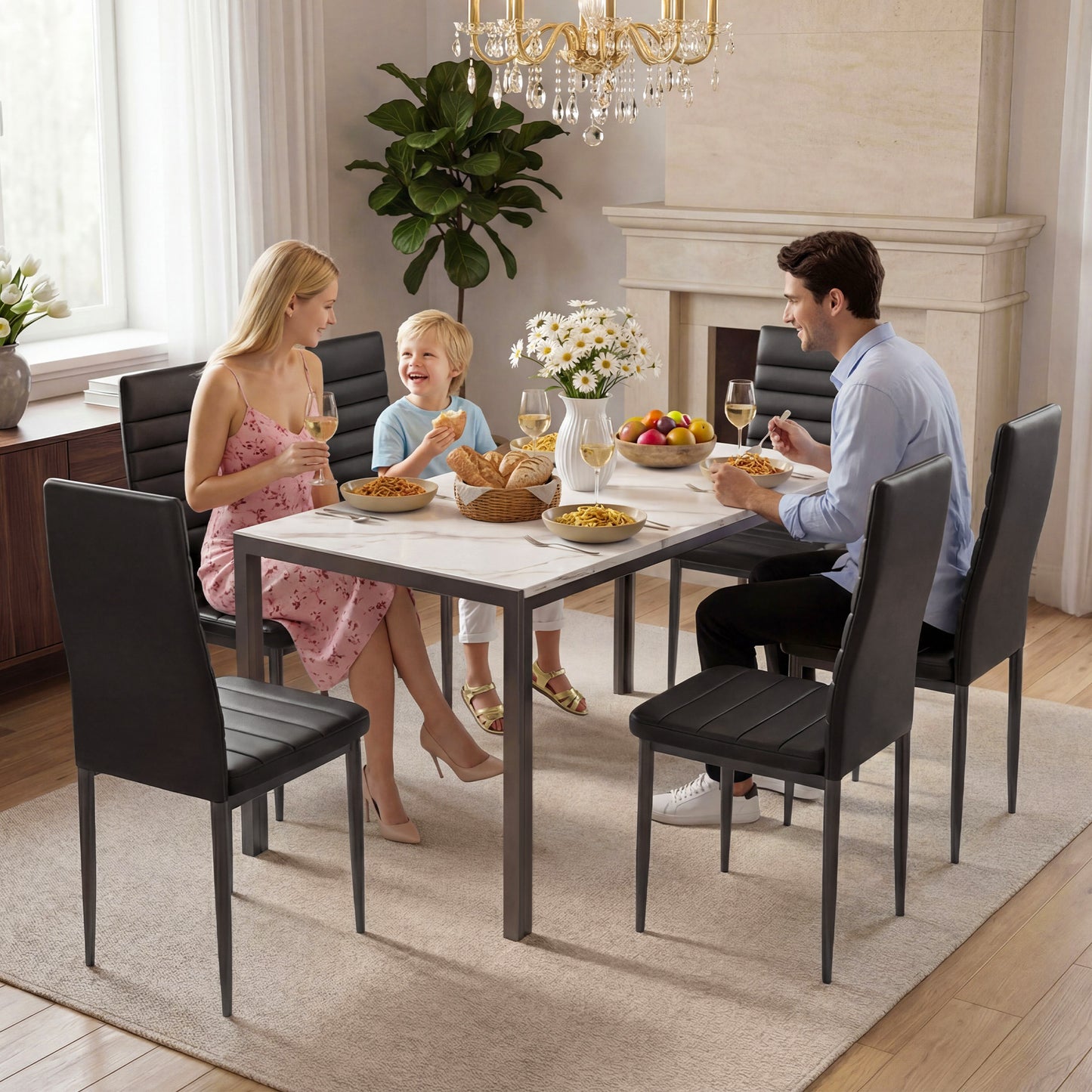 7 Piece Dining Table Set, Marble Dining Room Table Set for 6, Space Saving Kitchen Table and Chairs for 6, Dinner Table Set for Living Room, Sturdy Metal Frame, Small Spaces.
