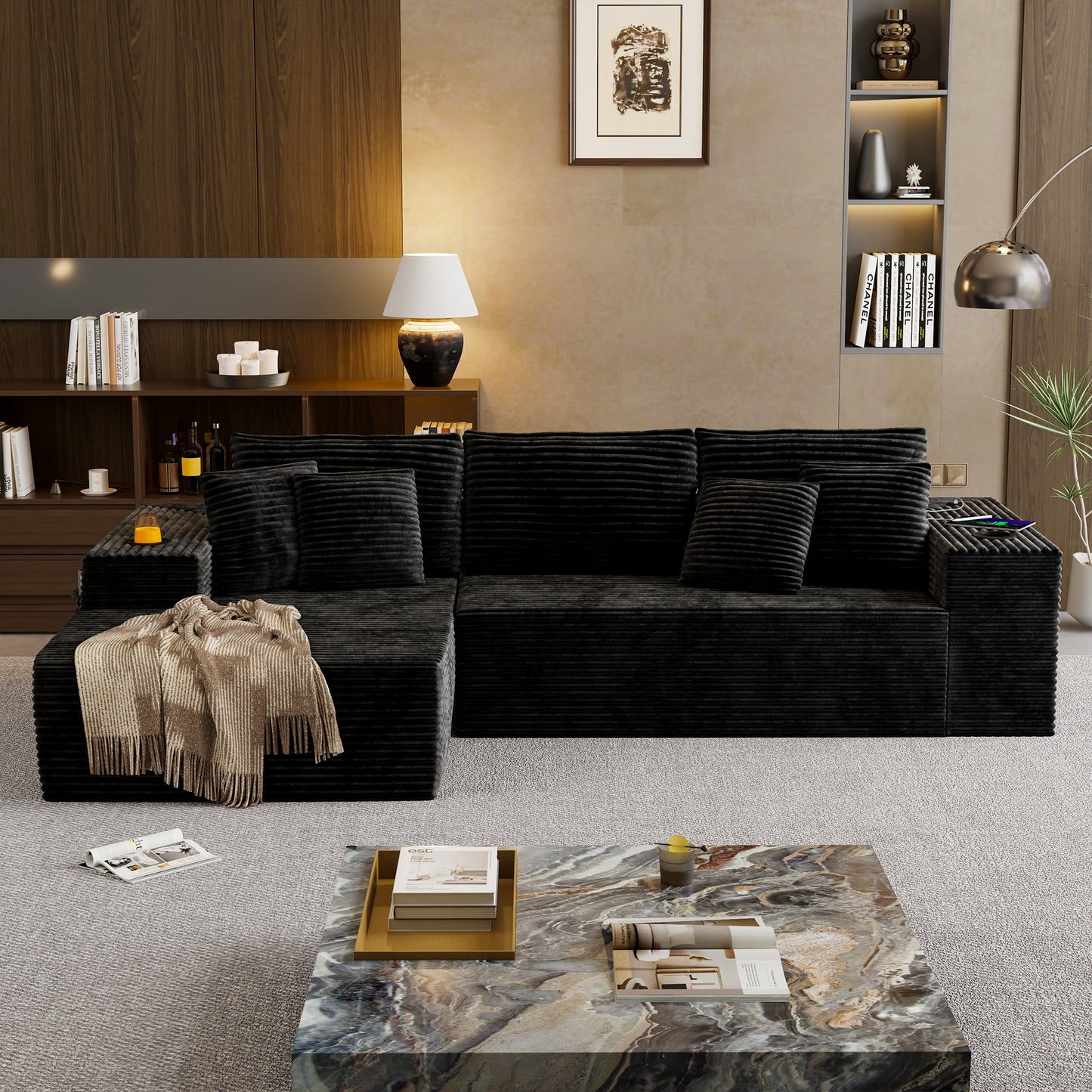 104.3'' L-Shape Cloud Sectional Couch, Modular Sectional Sofa with Side Pocket, Cup Holder&USB Port, Couch for Living Room Bedroom with Deep Seat, Plush Corduroy Fabric, No Assembly, Black