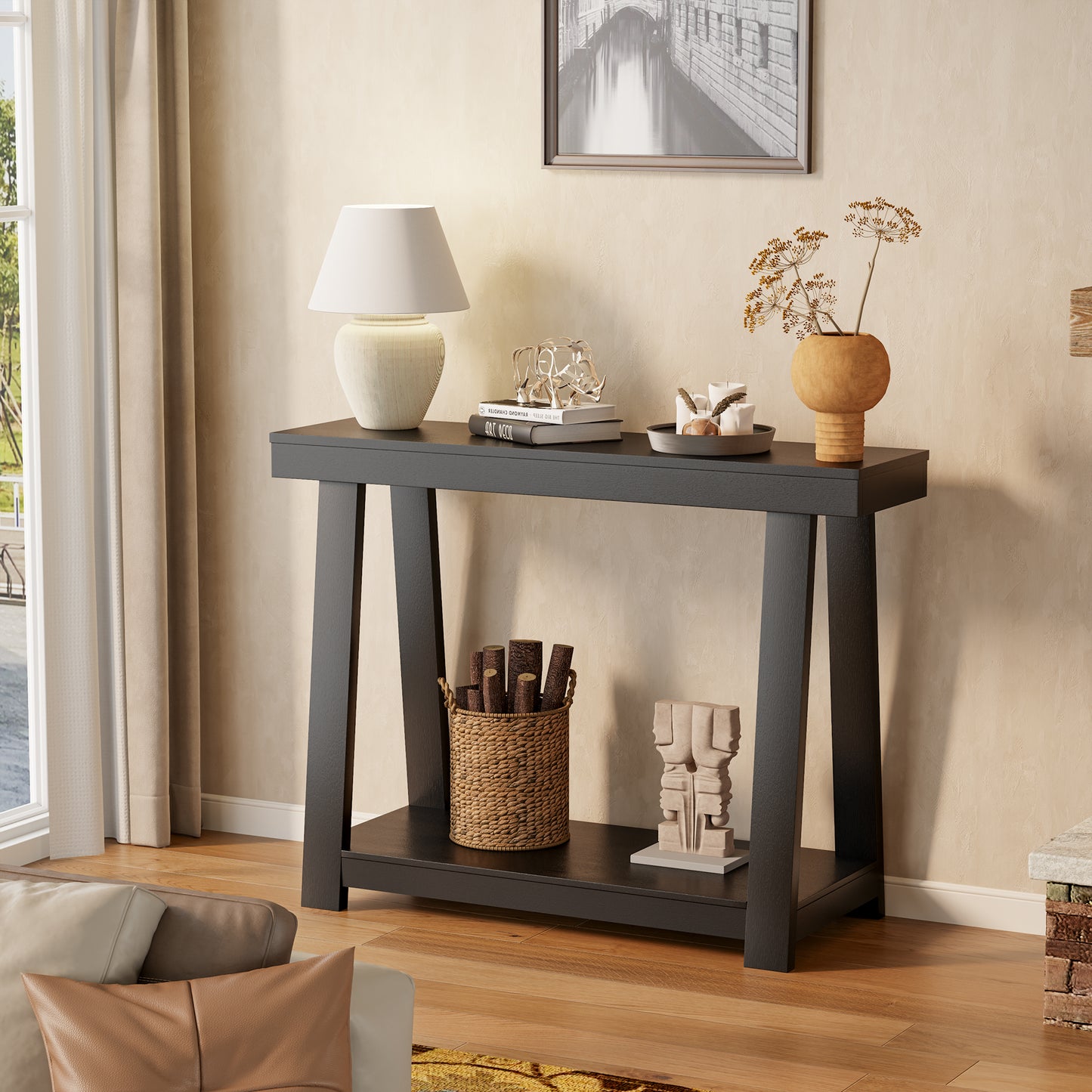 43.5'' Wood Entryway Table, Narrow Console Table with Storage, Behind Couch Sofa Table with Open Shelves for Hallway, Narrow Space, Easy Assembly, Black
