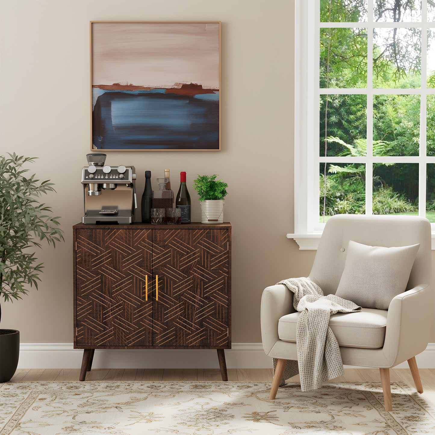 Sideboard Buffet Cabinet with Storage, Elegant Wood Accent Cabinet with Line Groove Design, Freestanding Storage Cabinet with Adjustable Shelves for Living Room, Kitchen, Entryway, Walnut
