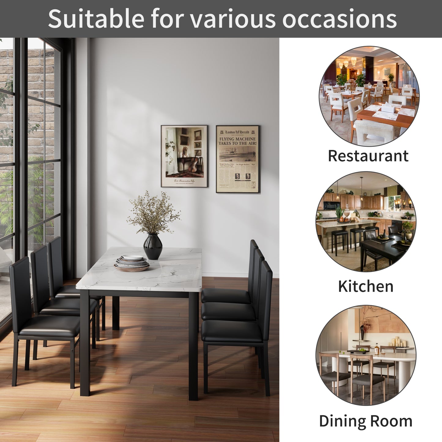 5 Piece Dining Table Set for 4, Compact Kitchen Table and Chairs Set of 4 with Faux Marble Top & Sturdy Metal Frame, Modern Dinner Table Set for Small Spaces, Apartment, White & Black