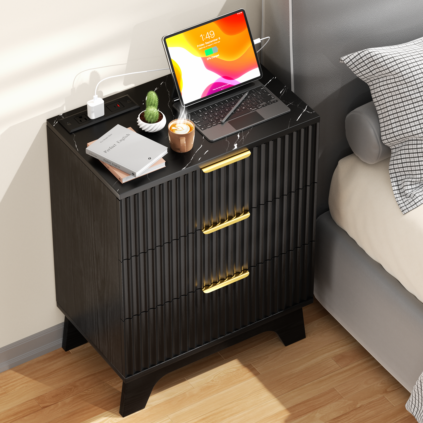 23.6" W Fluted Nightstand Set of 2 with Charging Station, Wood Farmhouse 3 Drawer Bedside Table with Faux Marble Top, Large Storage & Gold Handle, Small Dresser for Bedroom Living Room, Black