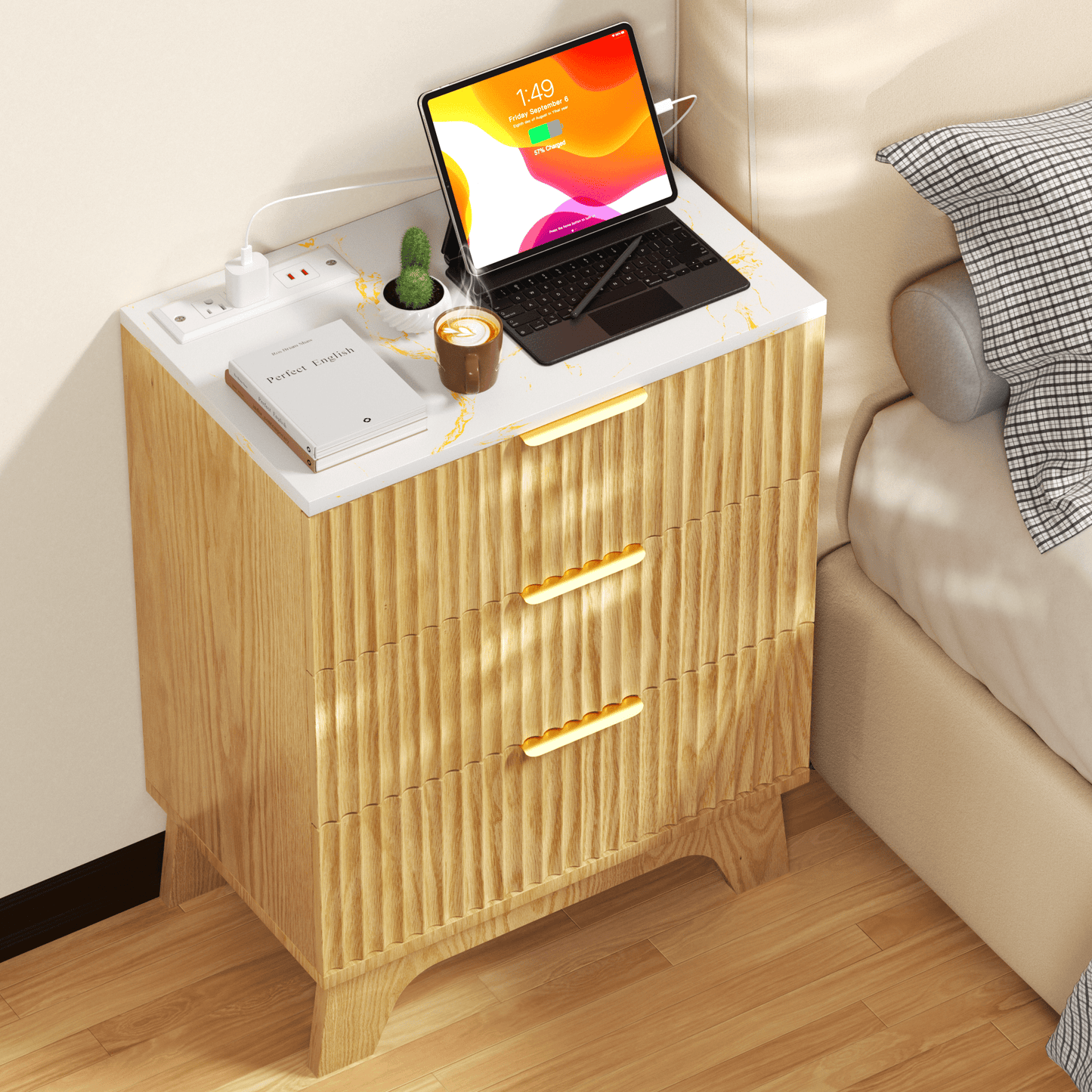 23.6" W Fluted Nightstand Set of 2 with Charging Station, Wood Farmhouse 3 Drawer Bedside Table with Faux Marble Top, Large Storage & Gold Handles, Small Dresser for Bedroom Living Room, Oak