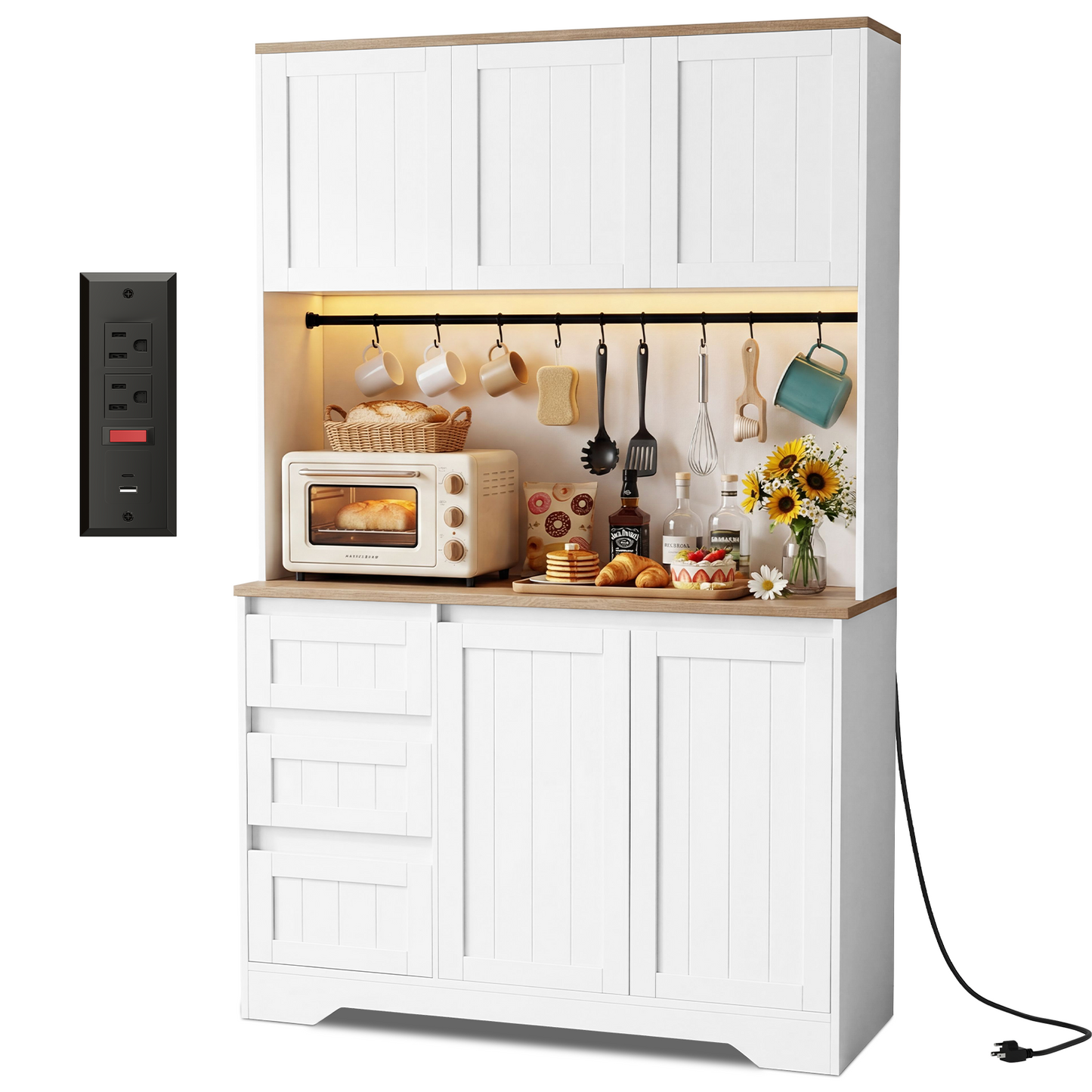 70.8'' LED Pantry Cabinet with Charging Station, Tall Kitchen Pantry Storage Cabinet with Countertop & Cup Hooks, Farmhouse Kitchen Hutch with Storage Drawers for Dining Room, White