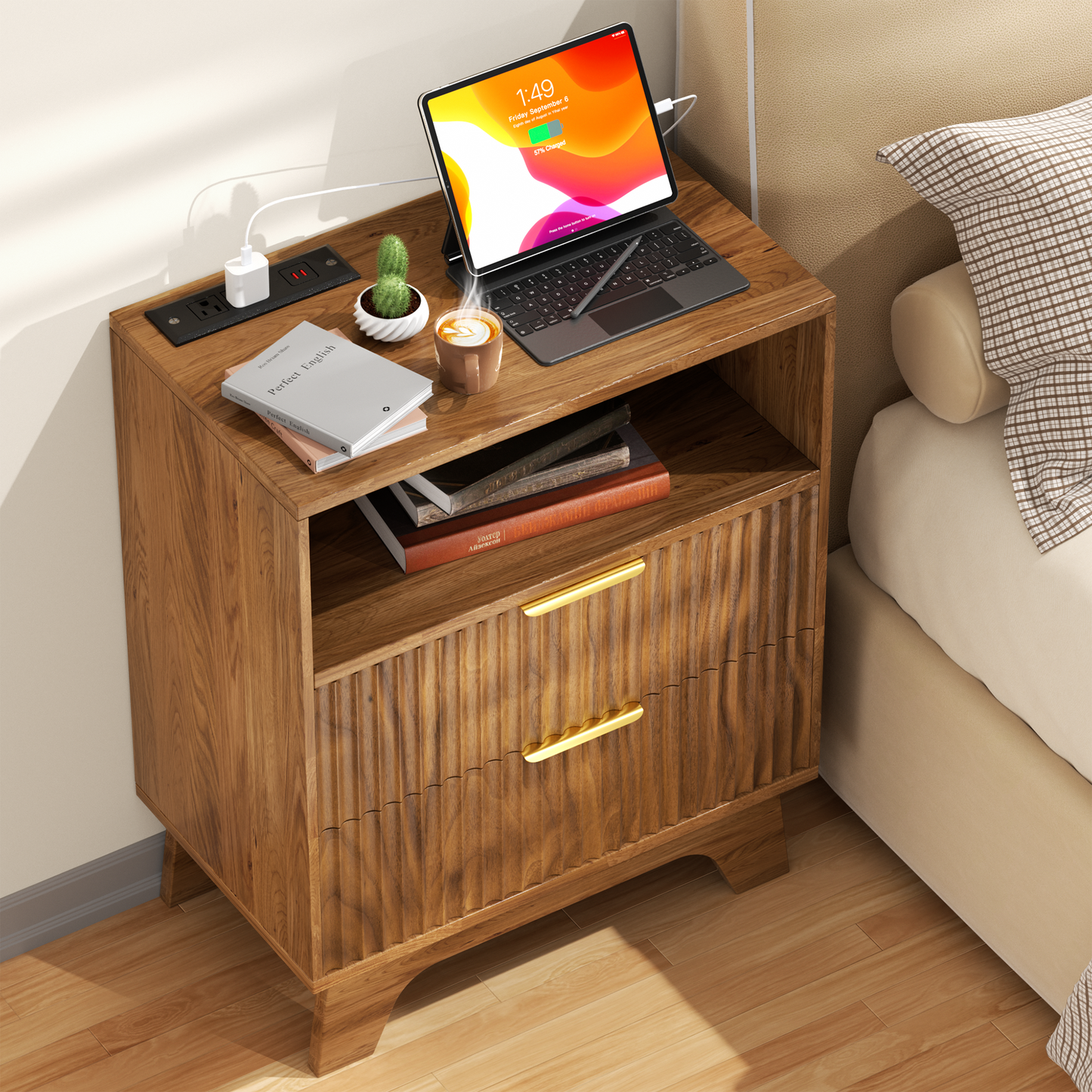 23.6'' W Fluted Nightstand Set of 2, Wood Night Stand with Charging Station, 2 Drawers and Open Shelf Bedside Table, Wood End Table Small Dresser for Bedroom Living Room, Walnut