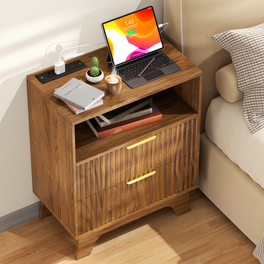 23.6'' W Fluted Nightstand Set of 2, Wood Night Stand with Charging Station, 2 Drawers and Open Shelf Bedside Table, Wood End Table Small Dresser for Bedroom Living Room, Walnut