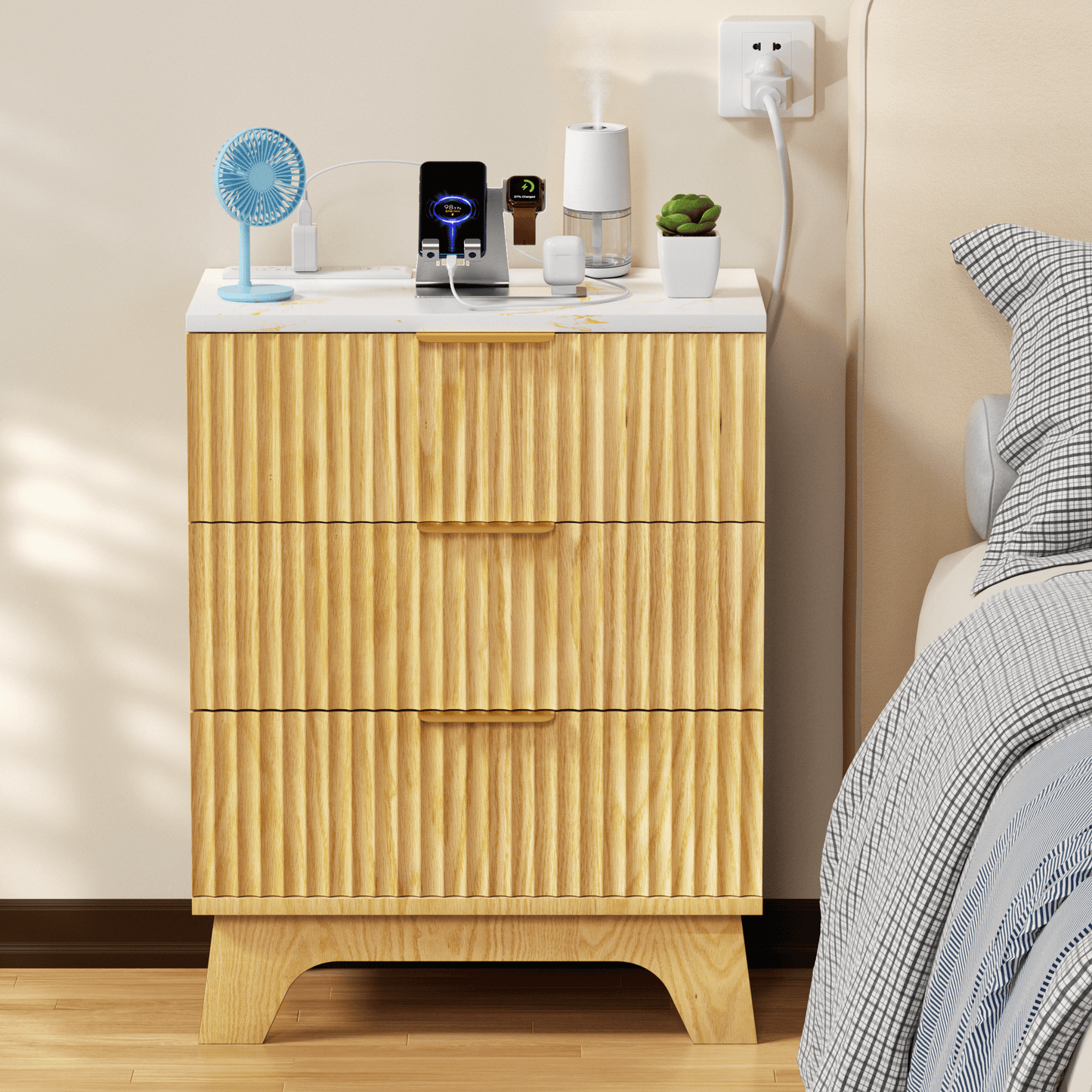 23.6" W Fluted Nightstand Set of 2 with Charging Station, Wood Farmhouse 3 Drawer Bedside Table with Faux Marble Top, Large Storage & Gold Handles, Small Dresser for Bedroom Living Room, Oak