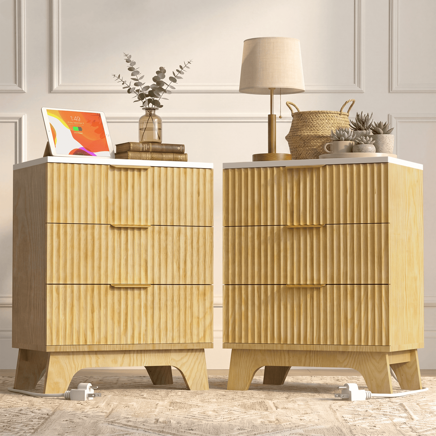 23.6" W Fluted Nightstand Set of 2 with Charging Station, Wood Farmhouse 3 Drawer Bedside Table with Faux Marble Top, Large Storage & Gold Handles, Small Dresser for Bedroom Living Room, Oak