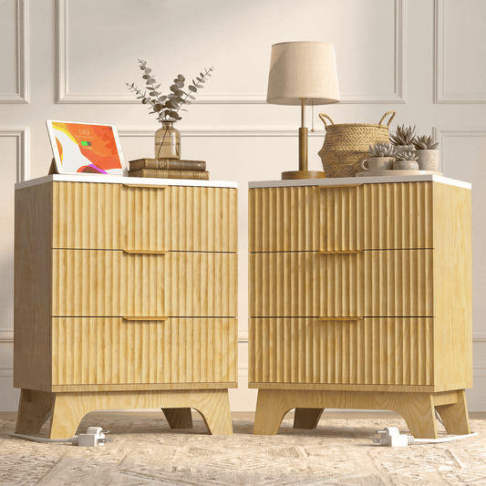 23.6" W Fluted Nightstand Set of 2 with Charging Station, Wood Farmhouse 3 Drawer Bedside Table with Faux Marble Top, Large Storage & Gold Handles, Small Dresser for Bedroom Living Room, Oak