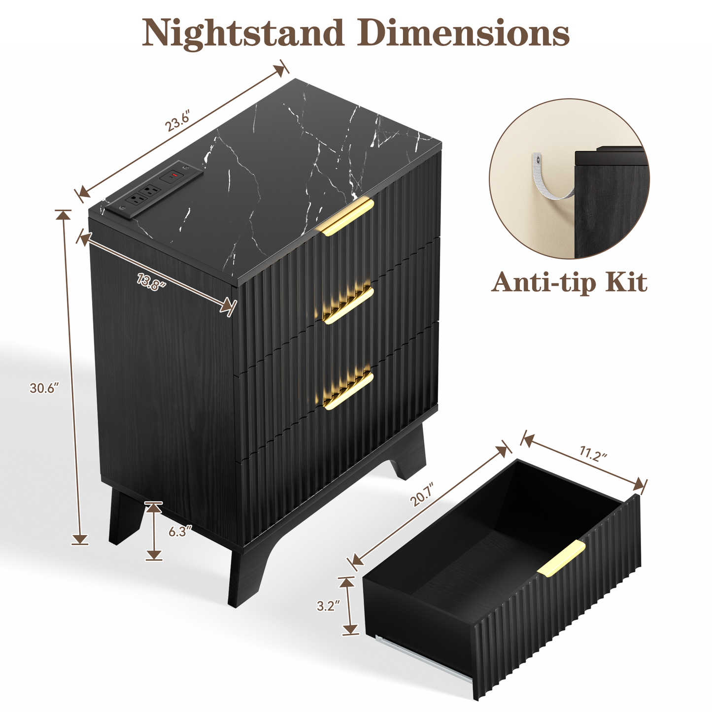 23.6" W Fluted Nightstand Set of 2 with Charging Station, Wood Farmhouse 3 Drawer Bedside Table with Faux Marble Top, Large Storage & Gold Handle, Small Dresser for Bedroom Living Room, Black