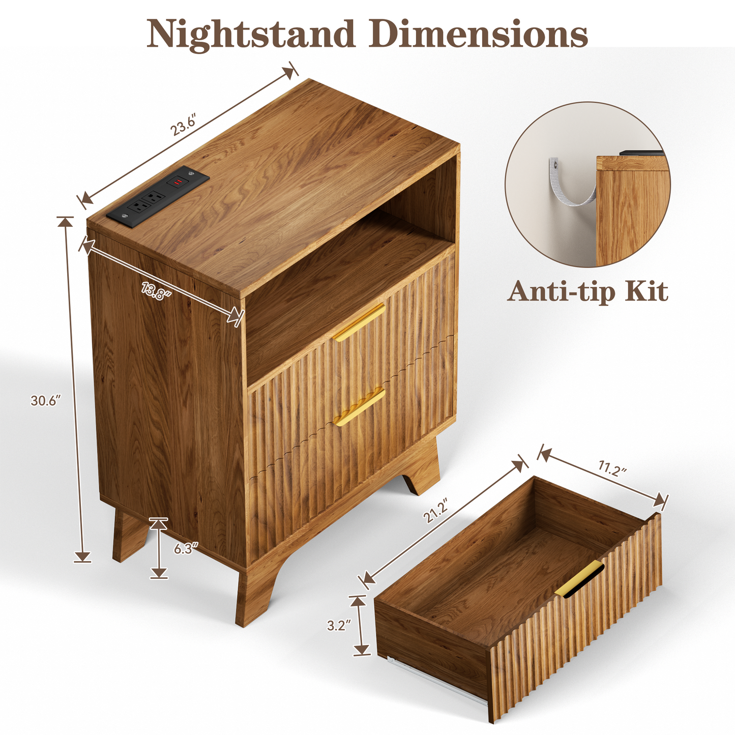 23.6'' W Fluted Nightstand Set of 2, Wood Night Stand with Charging Station, 2 Drawers and Open Shelf Bedside Table, Wood End Table Small Dresser for Bedroom Living Room, Walnut