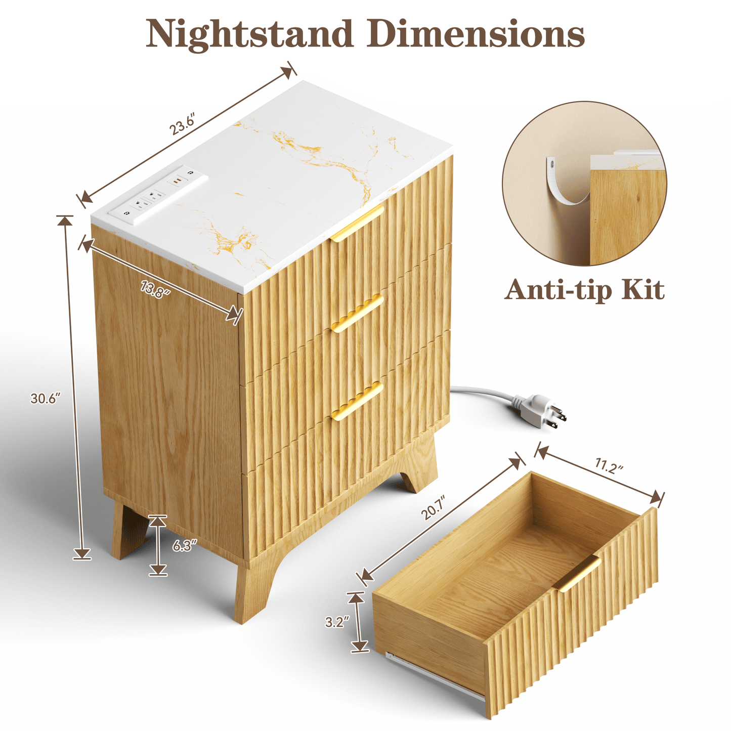 23.6" W Fluted Nightstand Set of 2 with Charging Station, Wood Farmhouse 3 Drawer Bedside Table with Faux Marble Top, Large Storage & Gold Handles, Small Dresser for Bedroom Living Room, Oak