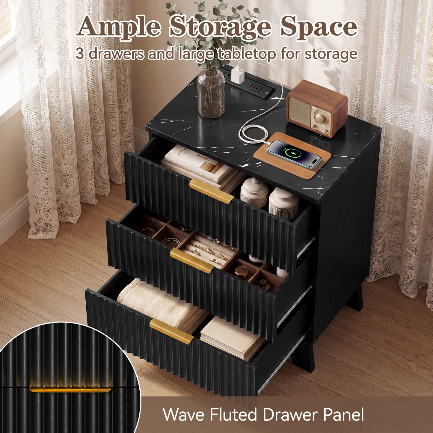 23.6" W Fluted Nightstand Set of 2 with Charging Station, Wood Farmhouse 3 Drawer Bedside Table with Faux Marble Top, Large Storage & Gold Handle, Small Dresser for Bedroom Living Room, Black