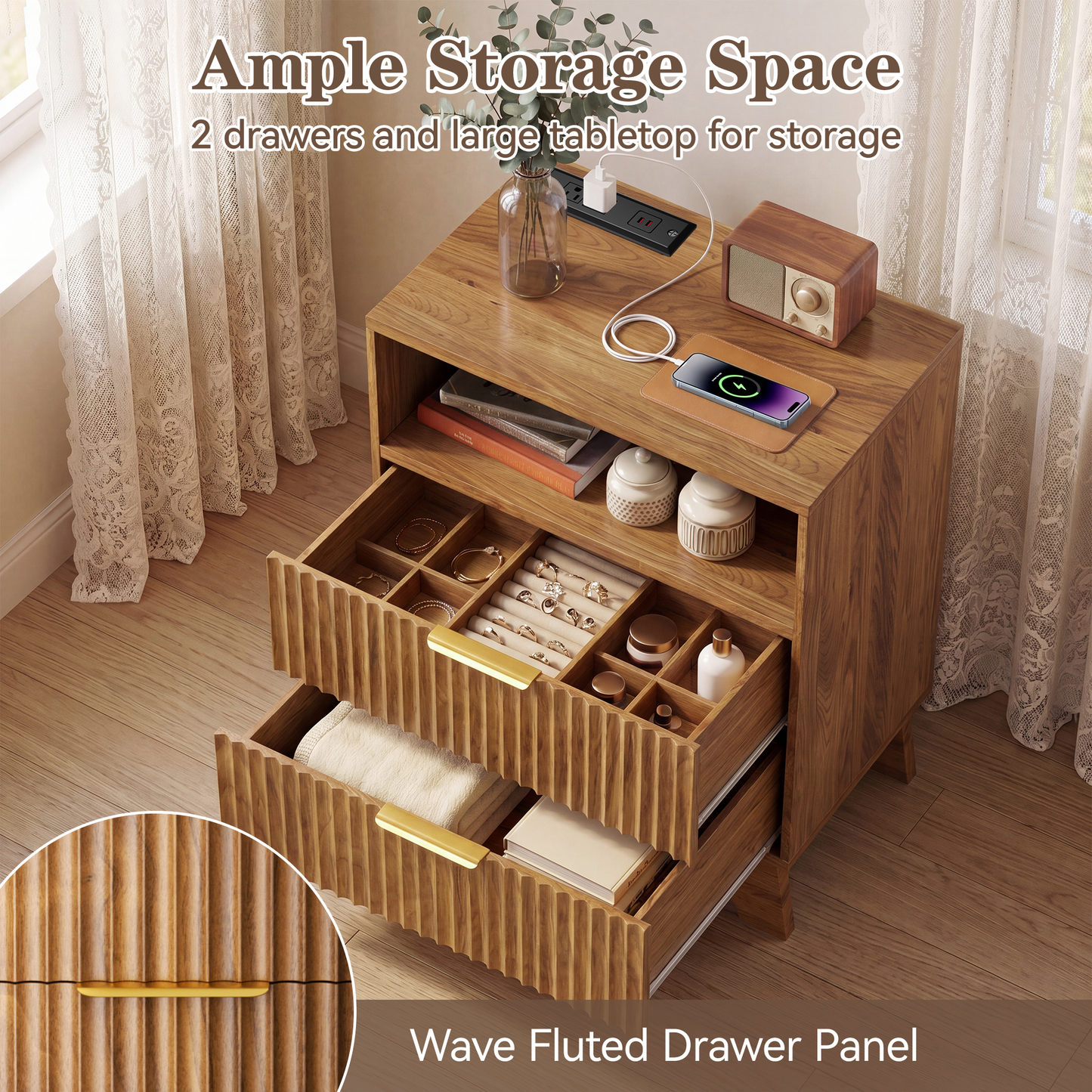 23.6'' W Fluted Nightstand Set of 2, Wood Night Stand with Charging Station, 2 Drawers and Open Shelf Bedside Table, Wood End Table Small Dresser for Bedroom Living Room, Walnut