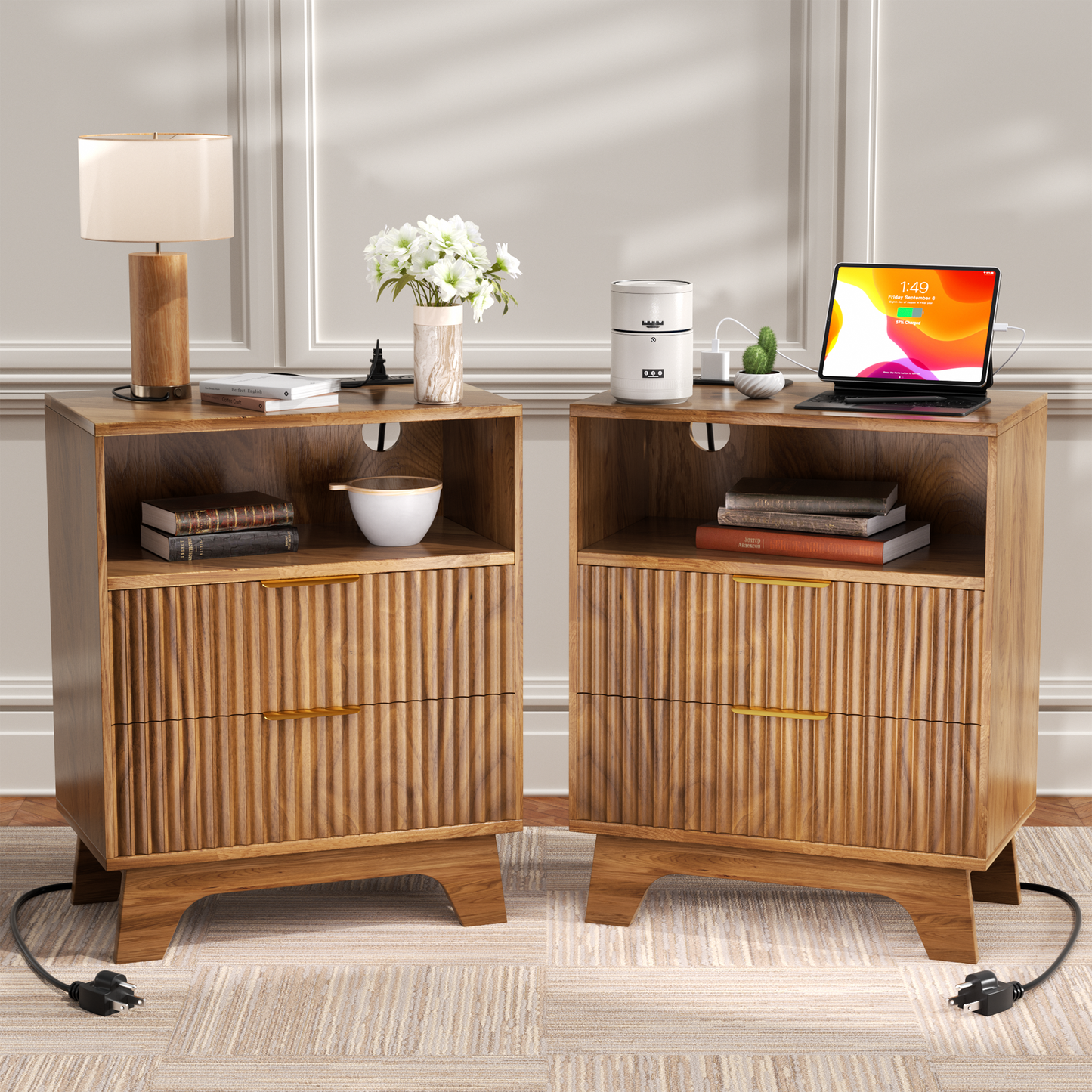 23.6'' W Fluted Nightstand Set of 2, Wood Night Stand with Charging Station, 2 Drawers and Open Shelf Bedside Table, Wood End Table Small Dresser for Bedroom Living Room, Walnut