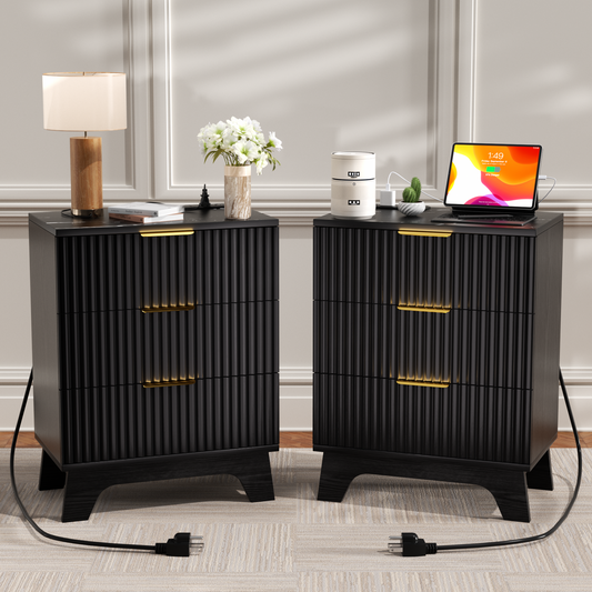23.6" W Fluted Nightstand Set of 2 with Charging Station, Wood Farmhouse 3 Drawer Bedside Table with Faux Marble Top, Large Storage & Gold Handle, Small Dresser for Bedroom Living Room, Black
