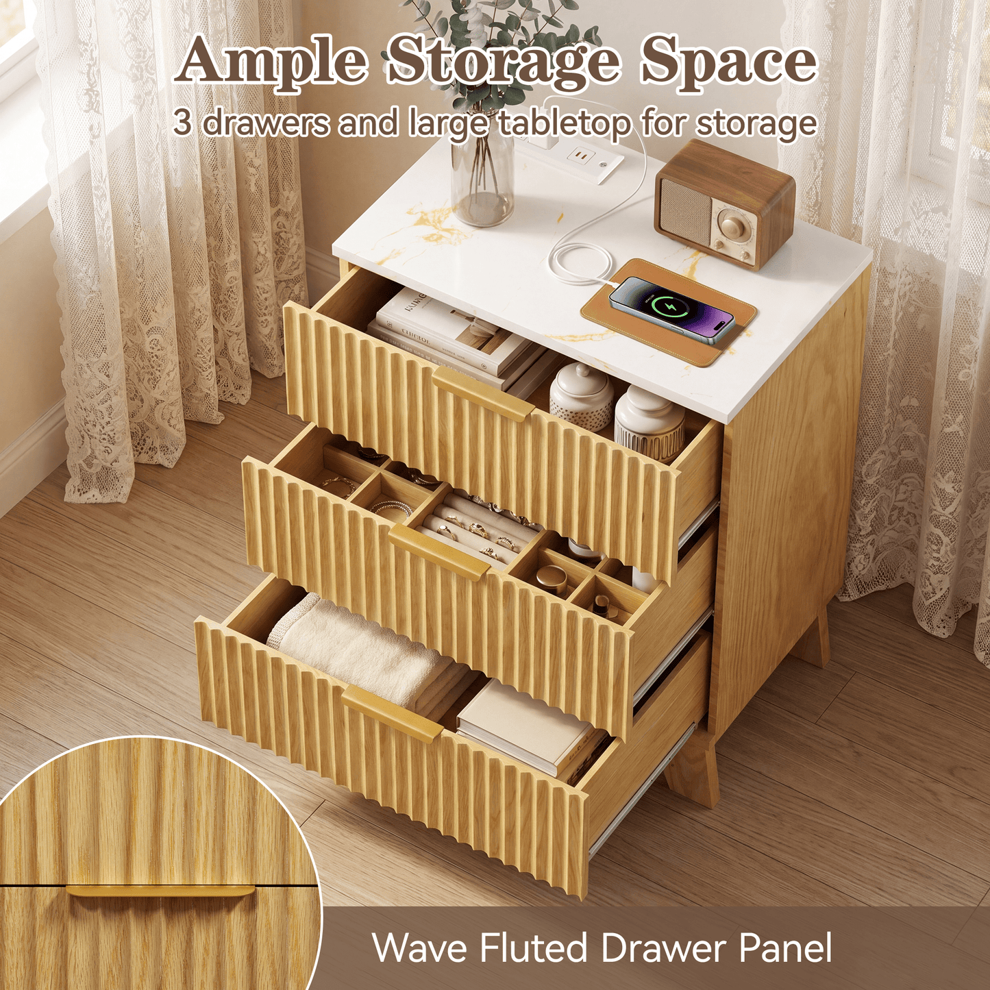 23.6" W Fluted Nightstand Set of 2 with Charging Station, Wood Farmhouse 3 Drawer Bedside Table with Faux Marble Top, Large Storage & Gold Handles, Small Dresser for Bedroom Living Room, Oak