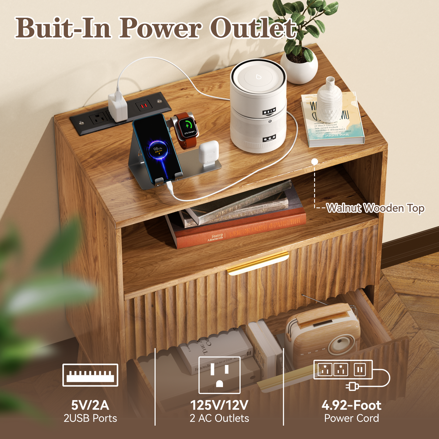23.6'' W Fluted Nightstand Set of 2, Wood Night Stand with Charging Station, 2 Drawers and Open Shelf Bedside Table, Wood End Table Small Dresser for Bedroom Living Room, Walnut