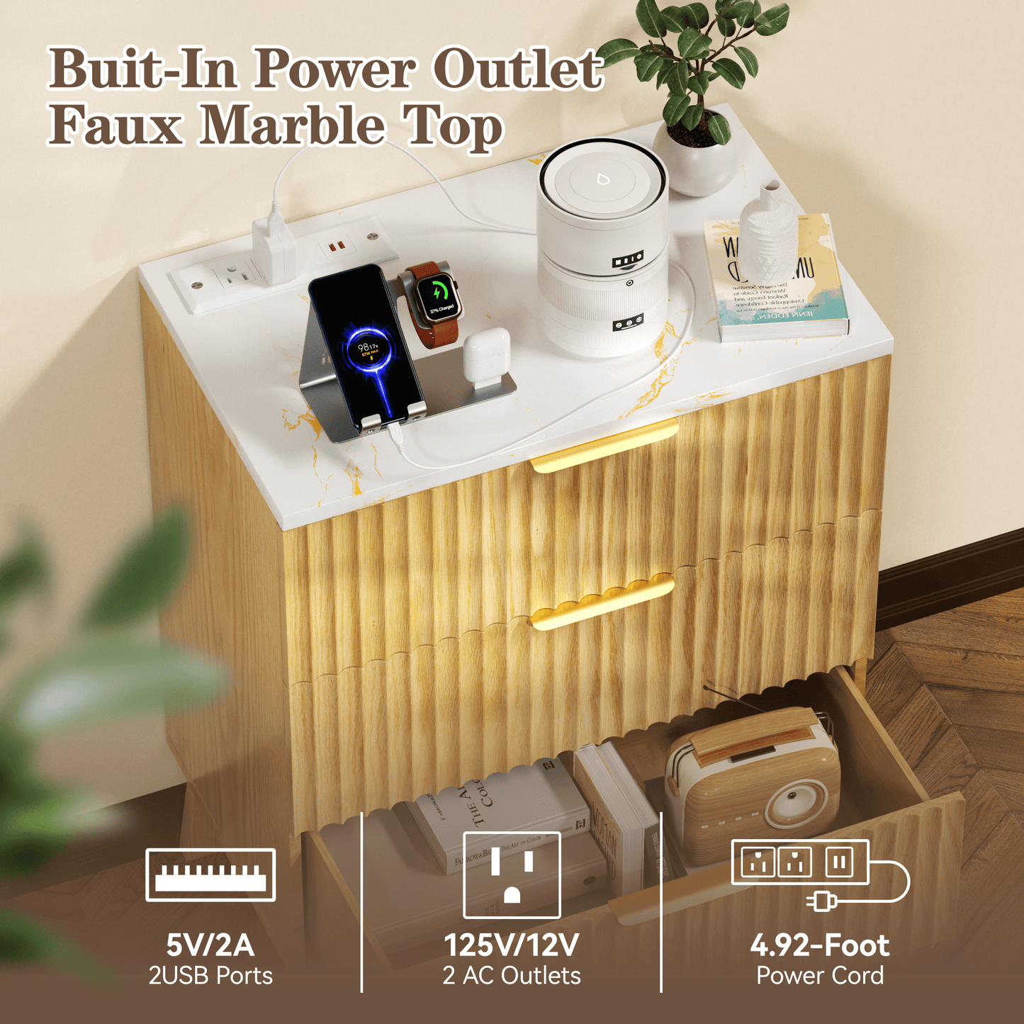 23.6" W Fluted Nightstand Set of 2 with Charging Station, Wood Farmhouse 3 Drawer Bedside Table with Faux Marble Top, Large Storage & Gold Handles, Small Dresser for Bedroom Living Room, Oak