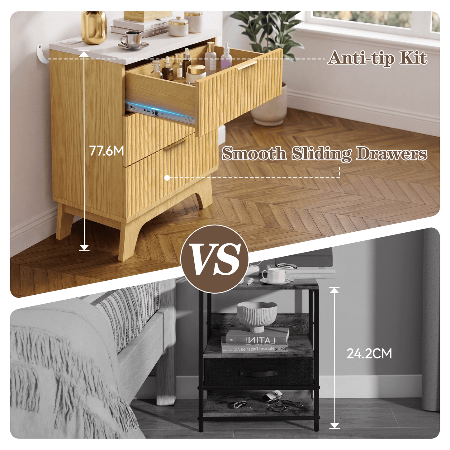 23.6" W Fluted Nightstand Set of 2 with Charging Station, Wood Farmhouse 3 Drawer Bedside Table with Faux Marble Top, Large Storage & Gold Handles, Small Dresser for Bedroom Living Room, Oak