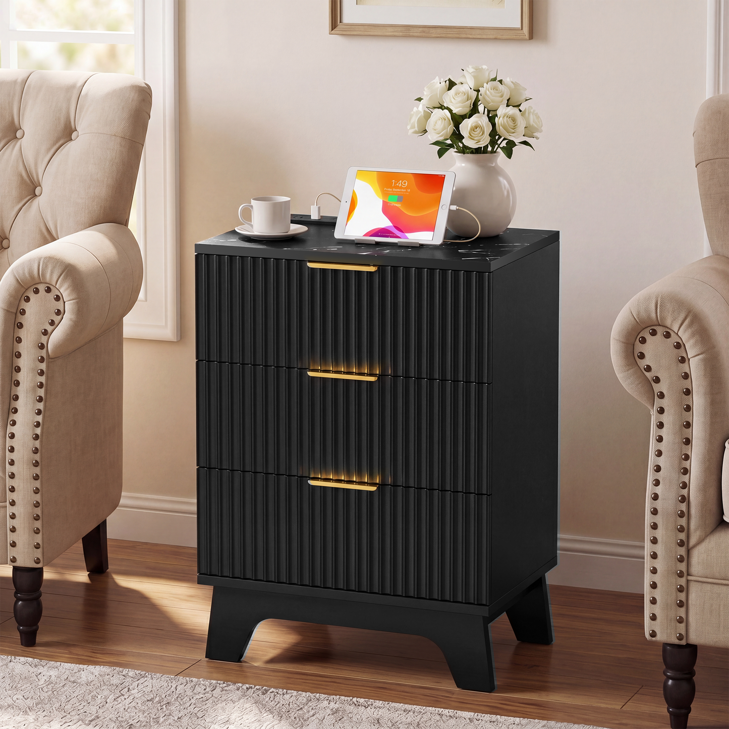 23.6" W Fluted Nightstand Set of 2 with Charging Station, Wood Farmhouse 3 Drawer Bedside Table with Faux Marble Top, Large Storage & Gold Handle, Small Dresser for Bedroom Living Room, Black