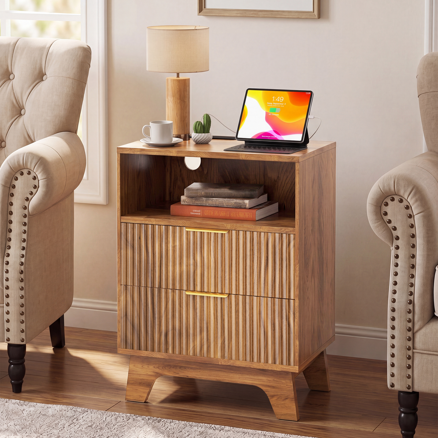 23.6'' W Fluted Nightstand Set of 2, Wood Night Stand with Charging Station, 2 Drawers and Open Shelf Bedside Table, Wood End Table Small Dresser for Bedroom Living Room, Walnut