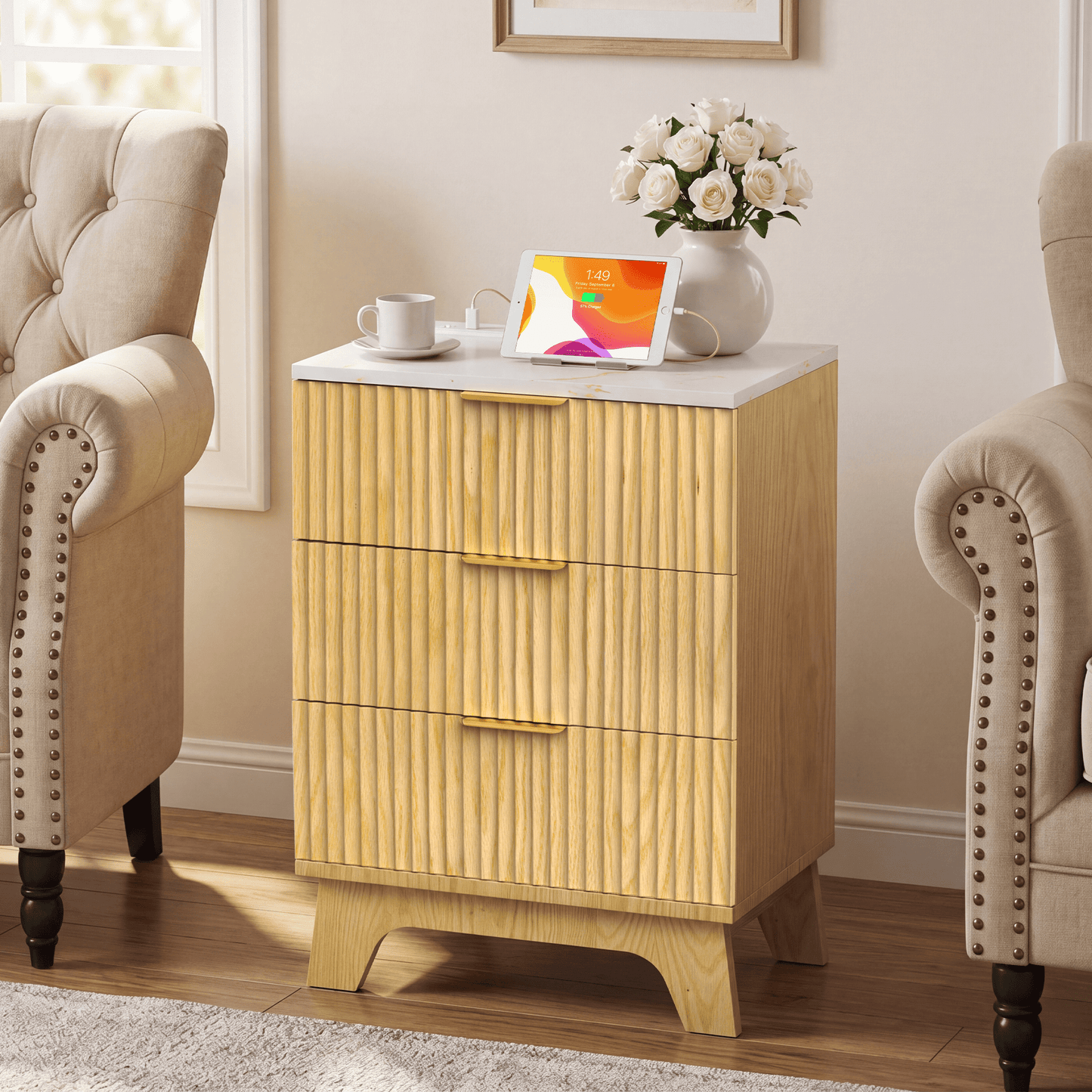 23.6" W Fluted Nightstand Set of 2 with Charging Station, Wood Farmhouse 3 Drawer Bedside Table with Faux Marble Top, Large Storage & Gold Handles, Small Dresser for Bedroom Living Room, Oak