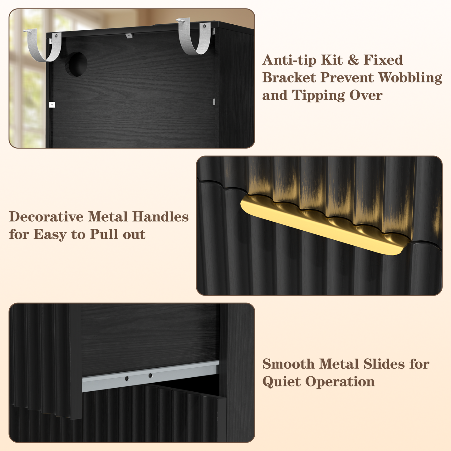 23.6" W Fluted Nightstand Set of 2 with Charging Station, Wood Farmhouse 3 Drawer Bedside Table with Faux Marble Top, Large Storage & Gold Handle, Small Dresser for Bedroom Living Room, Black