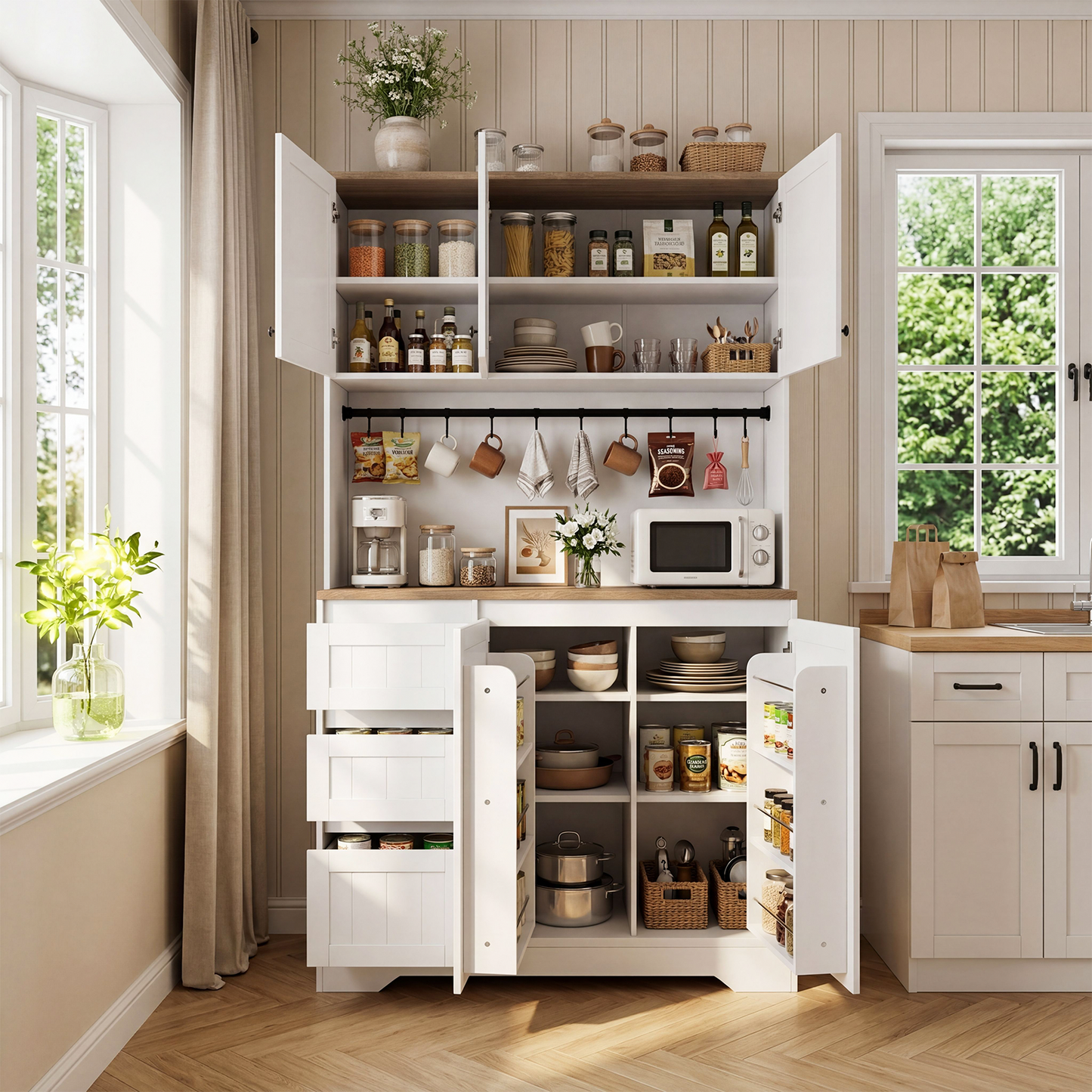 70.8'' LED Pantry Cabinet with Charging Station, Tall Kitchen Pantry Storage Cabinet with Countertop & Cup Hooks, Farmhouse Kitchen Hutch with Storage Drawers for Dining Room, White