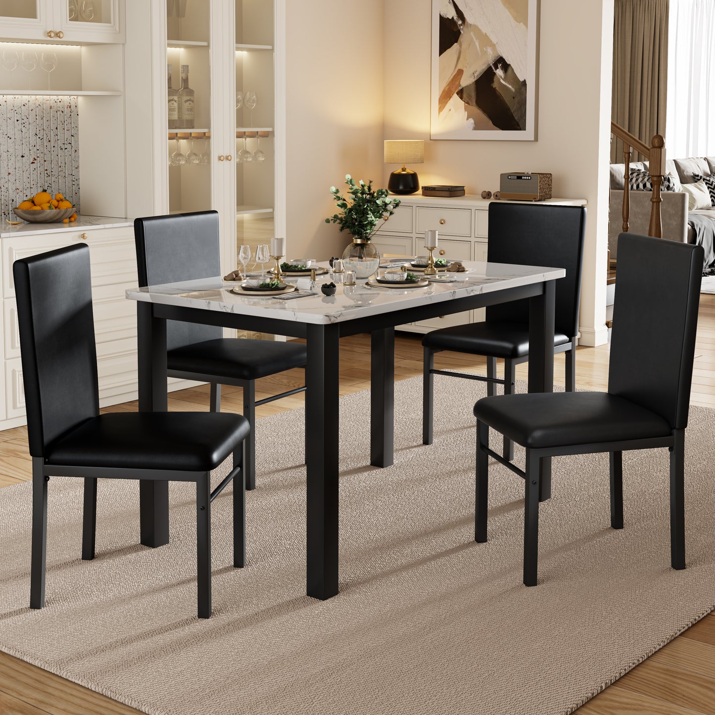 5 Piece Dining Table Set for 4, Compact Kitchen Table and Chairs Set of 4 with Faux Marble Top & Sturdy Metal Frame, Modern Dinner Table Set for Small Spaces, Apartment, White & Black