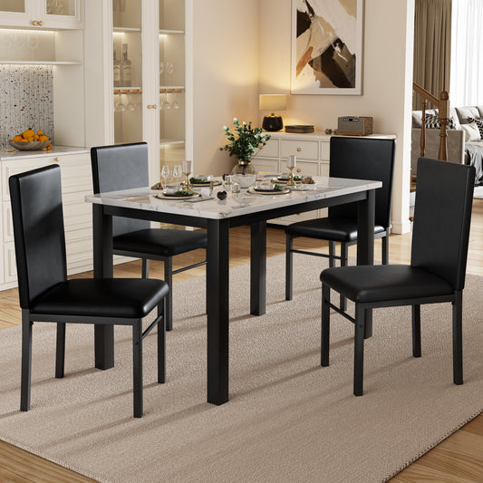 5 Piece Dining Table Set for 4, Compact Kitchen Table and Chairs Set of 4 with Faux Marble Top & Sturdy Metal Frame, Modern Dinner Table Set for Small Spaces, Apartment, White & Black