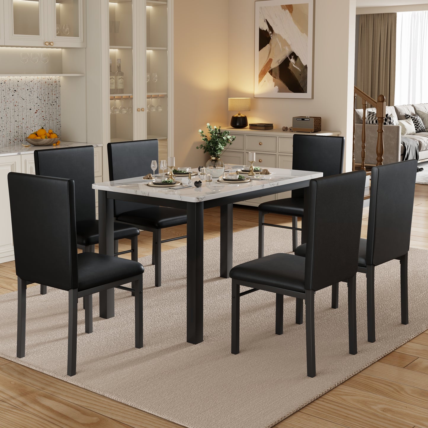 7 Piece Dining Table Set for 6, Compact Kitchen Table and Chairs Set of 6 with Faux Marble Top & Sturdy Metal Frame, Modern Dinner Table Set for Small Spaces, Apartment, White & Black