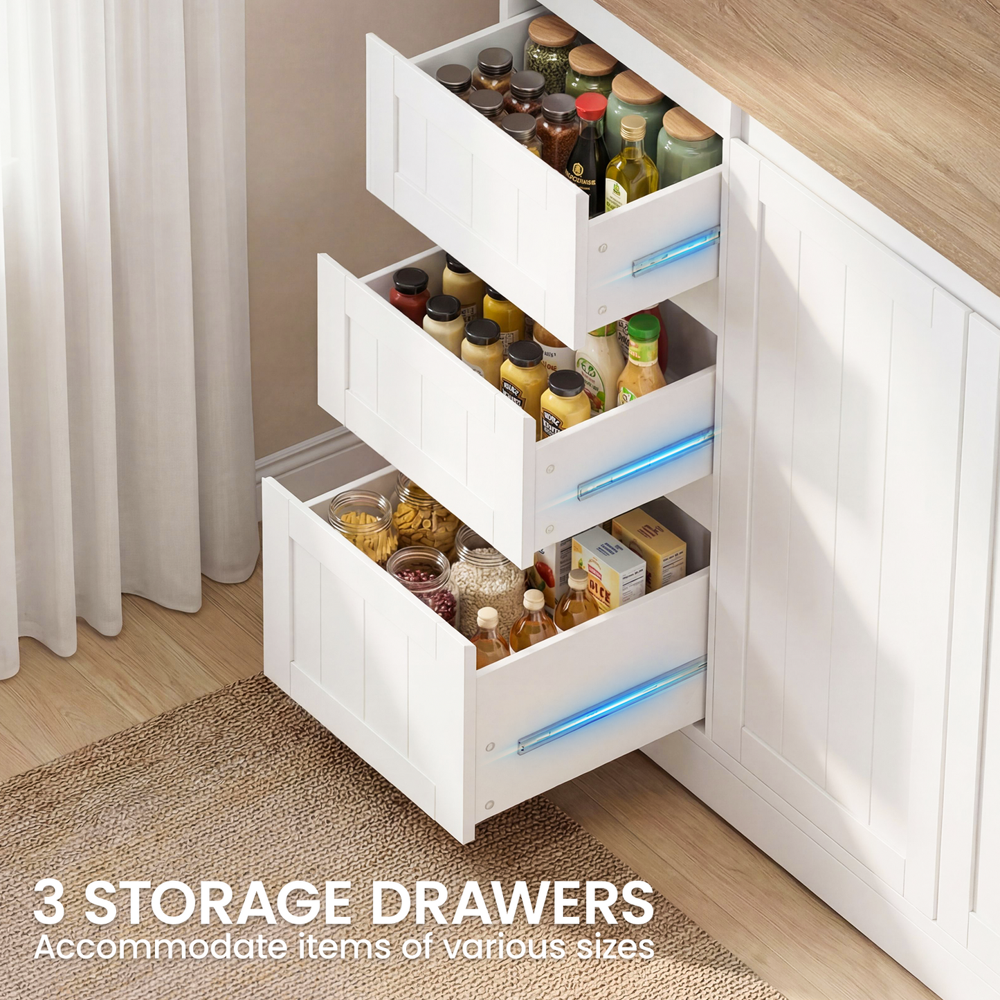 70.8'' LED Pantry Cabinet with Charging Station, Tall Kitchen Pantry Storage Cabinet with Countertop & Cup Hooks, Farmhouse Kitchen Hutch with Storage Drawers for Dining Room, White
