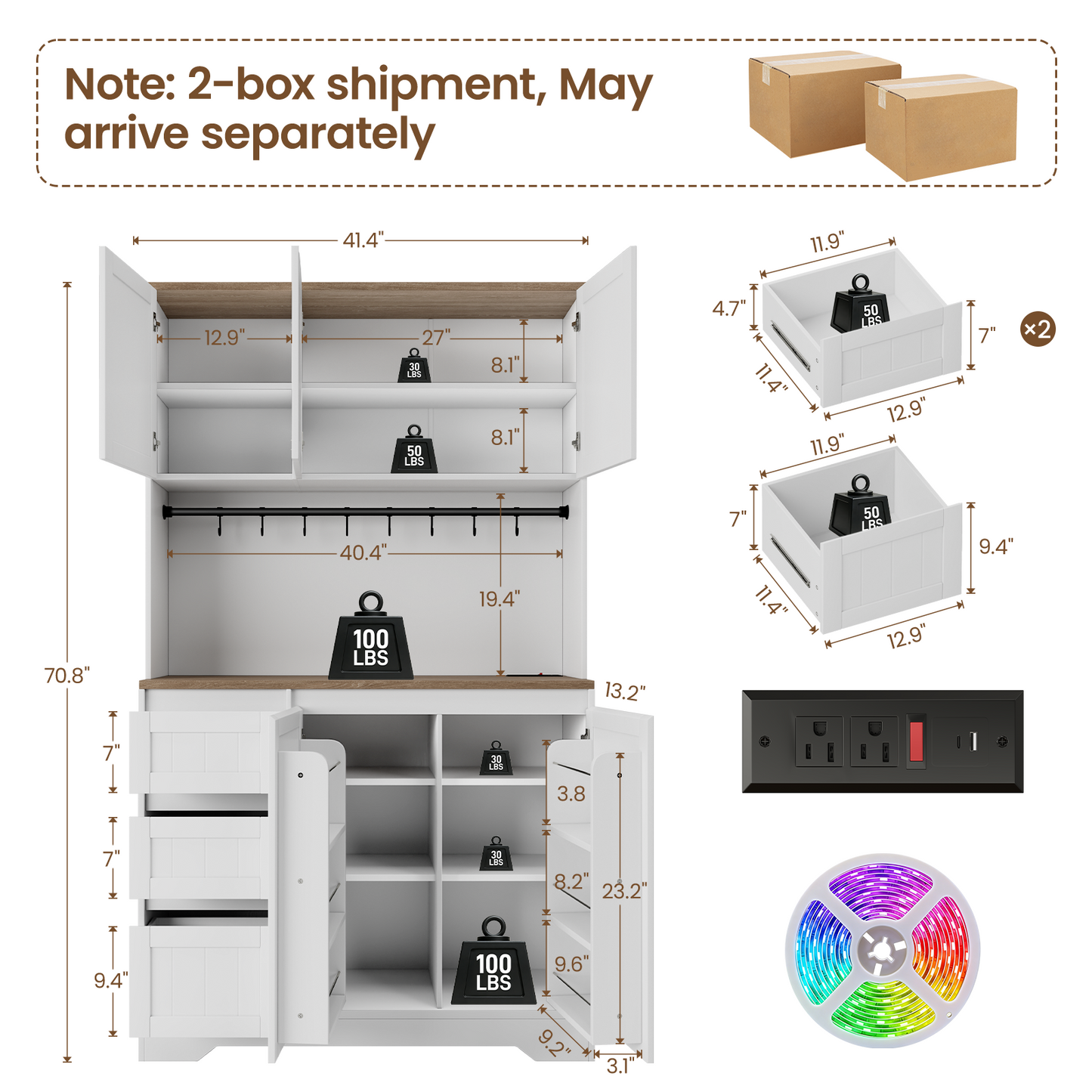 70.8'' LED Pantry Cabinet with Charging Station, Tall Kitchen Pantry Storage Cabinet with Countertop & Cup Hooks, Farmhouse Kitchen Hutch with Storage Drawers for Dining Room, White