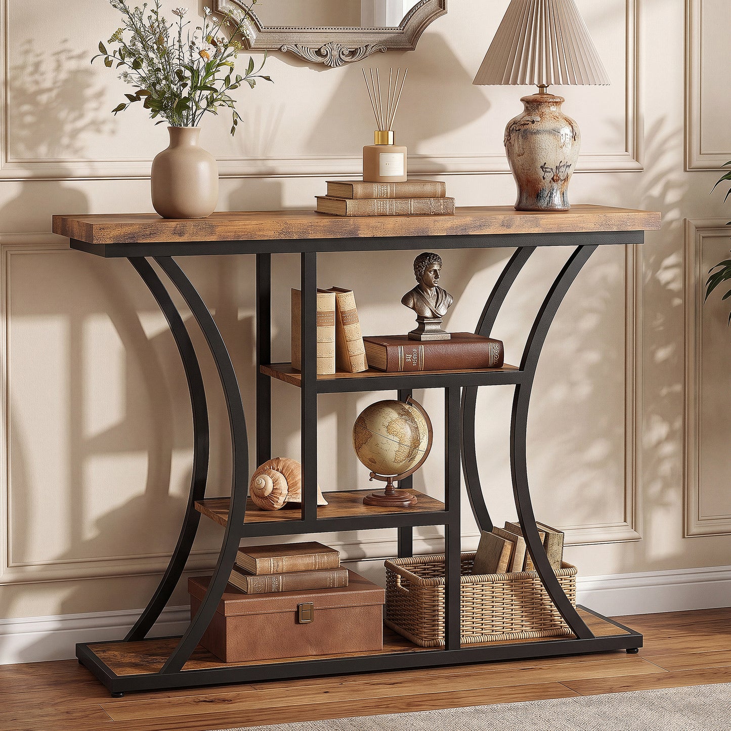 41.3" Industrial 4 - Tier Console Table with Curved Metal Frame, Narrow Long Sofa Table & Entryway Table with Storage Shelves for Living Room, Accent Table for Hallway Furniture Foyer