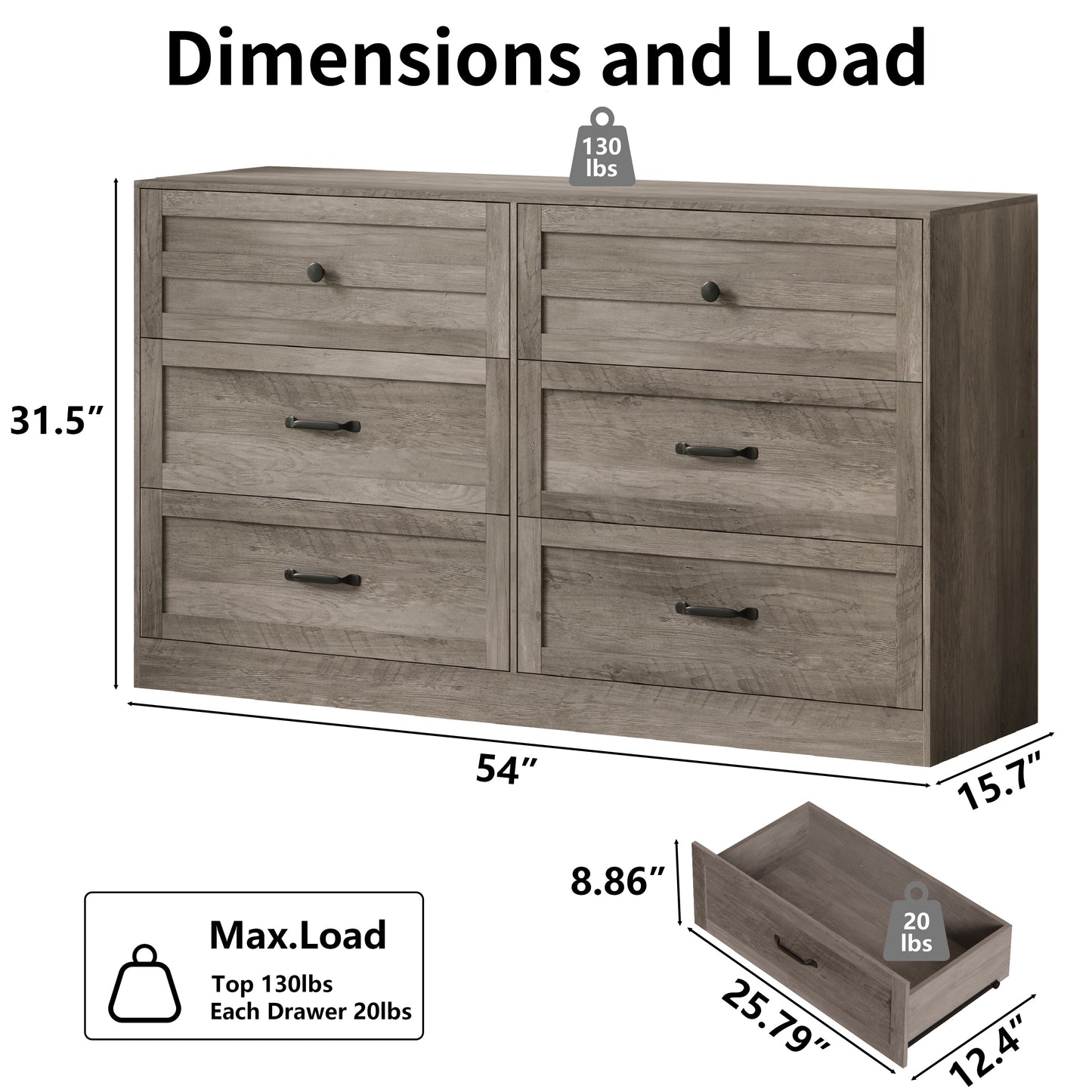54'' Farmhouse 6 Drawer Dresser, Light Grey Wood Chest of Drawers with Metal Handles, Anti-Tipping Storage Organizer, Multi-use Bedroom Closet Dresser for Living Room Entryway Home Office