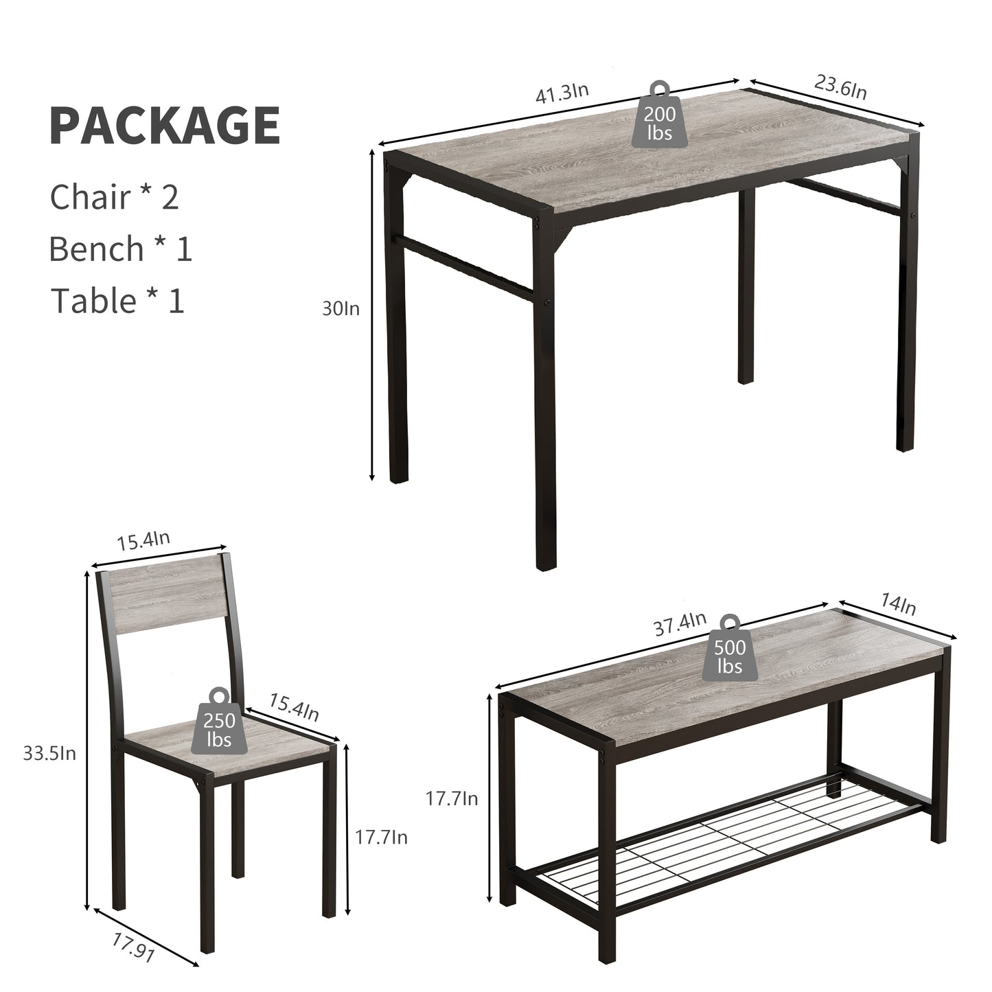 Dining Table Set for 4 with Bench, 4 Pieces Kitchen Table and Chairs, Space-Saving Dinner Table for Kitchen, Dining Room, Apartment, Extra Storage, Sturdy Construction, Easy Assembly(Grey)