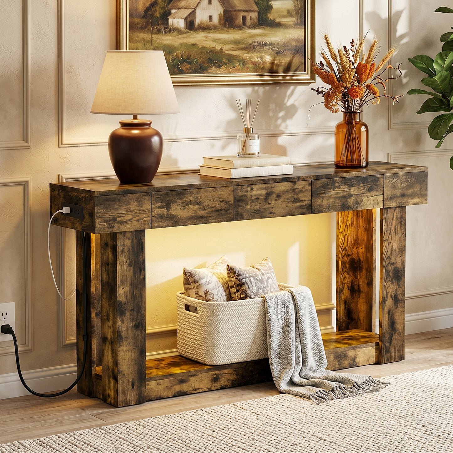 63'' Console Table with 3 Drawers and Open Storage, Entryway Table with Socket, LED Light and Hooks, Narrow Long Wood Sofa Table Behind Couch Table for Living Room, Hallway, Foyer, Brown