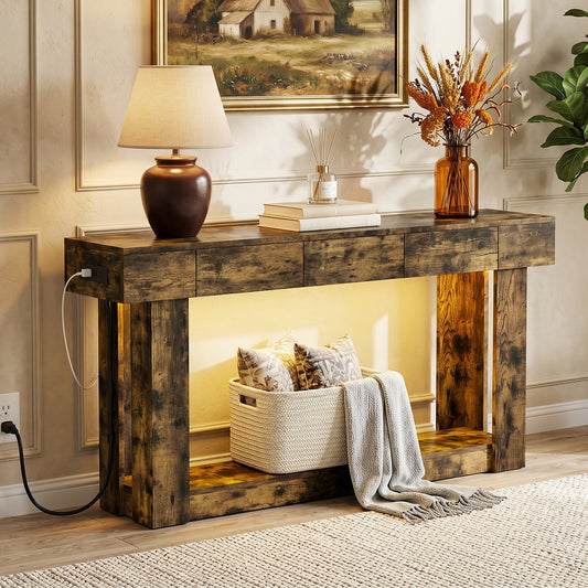 63'' Console Table with 3 Drawers and Open Storage, Entryway Table with Socket, LED Light and Hooks, Narrow Long Wood Sofa Table Behind Couch Table for Living Room, Hallway, Foyer, Brown
