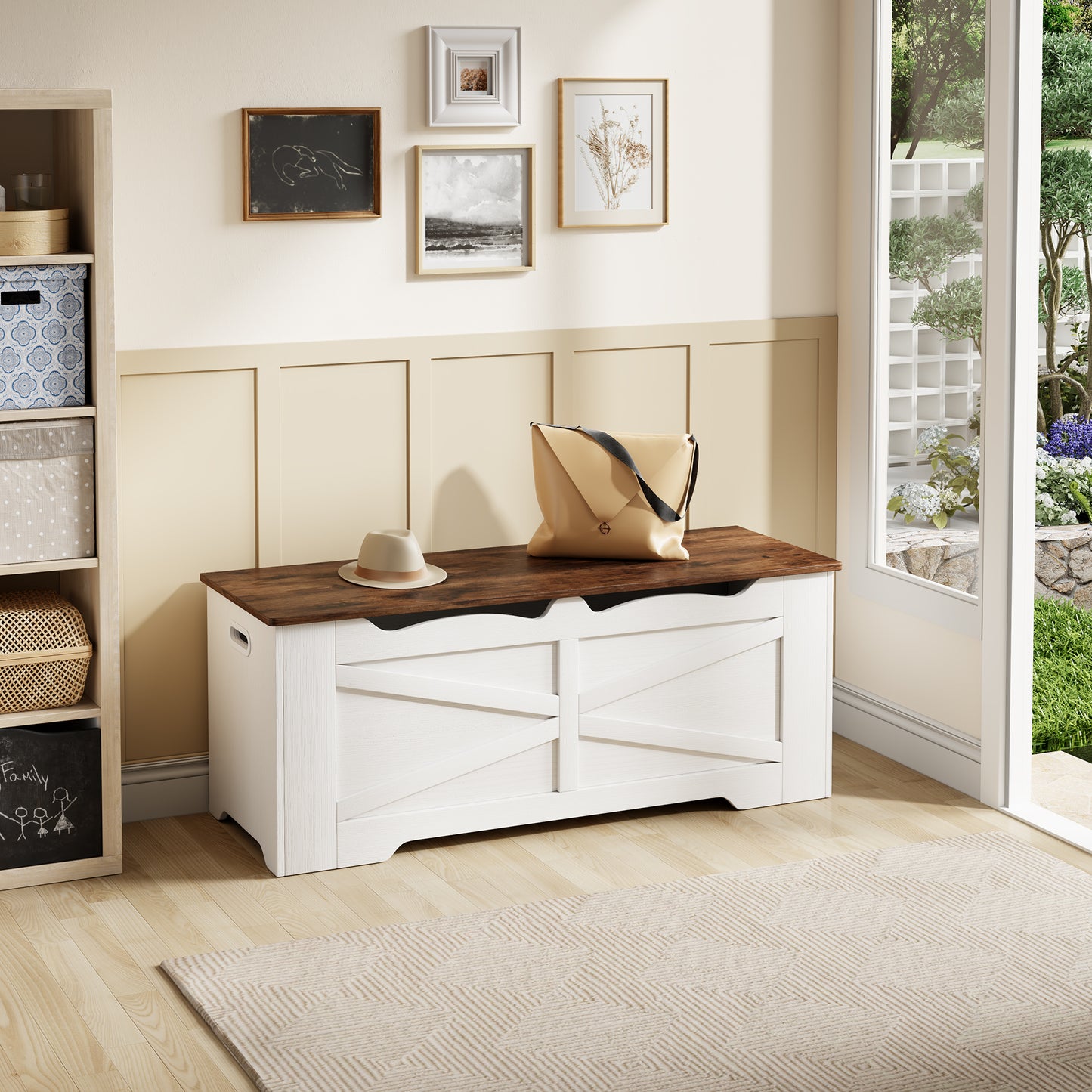 47.2" Wooden Storage Bench, Flip Top Trunk with 2 Safety Hinges, 300lbs Capacity, Multifunctional Entryway Bench for Hallway Bedroom Living Room, Blanket Organizer, White Walnut