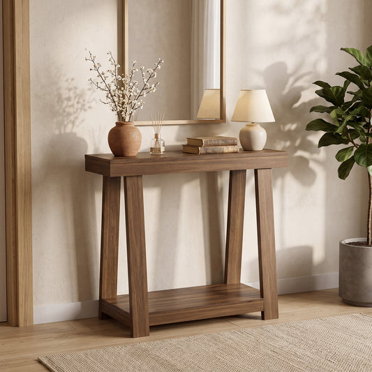 36" Wood Grain Narrow Console Table, with 2-Tier Open Shelving for Ample Display & Storage, Scratch-Resistant and Easy Clean Surface, Ideal for Hallway, Living Room, Bedroom, or Entryway, Walnut