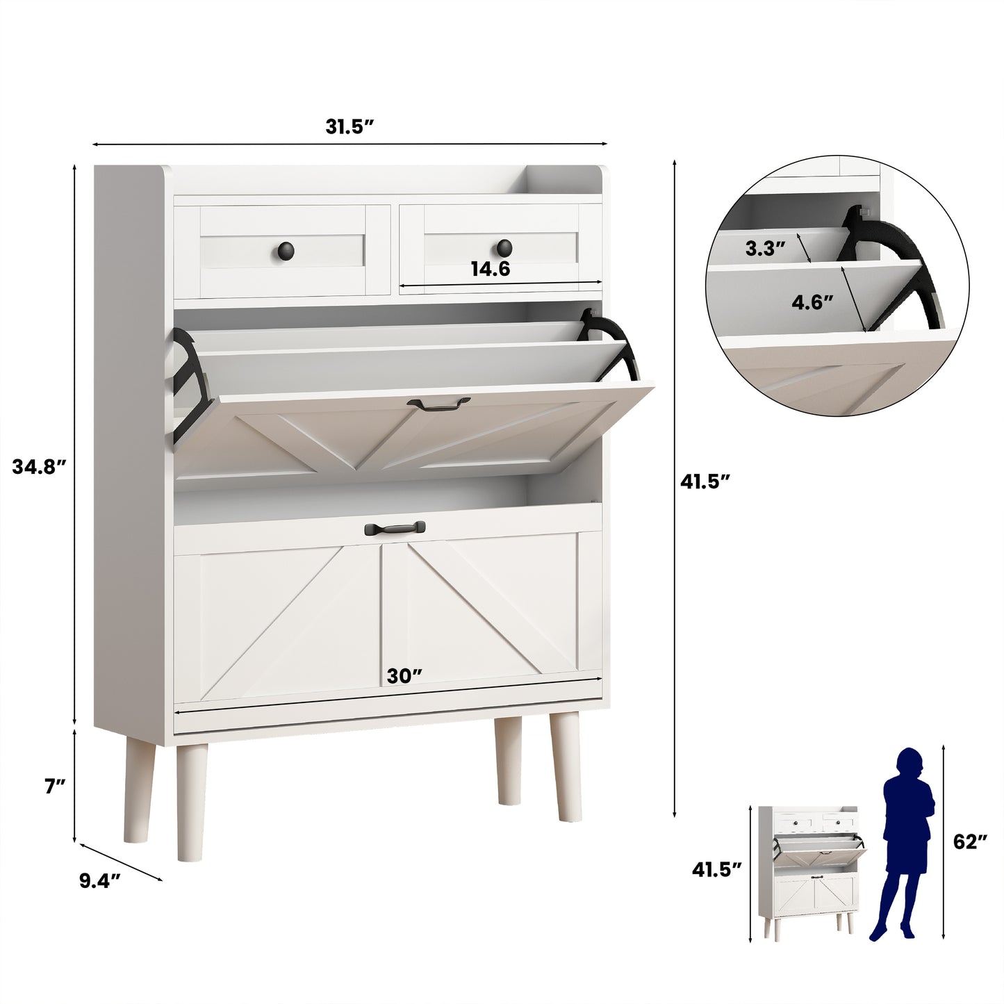 Shoe Cabinet with 2 Flip Drawers & 2 Drawers, Narrow Shoe Storage Cabinet, Freestanding Hidden Shoe Rack Cabinet for Entryway, Living Room, Front Door, Behind Door, White