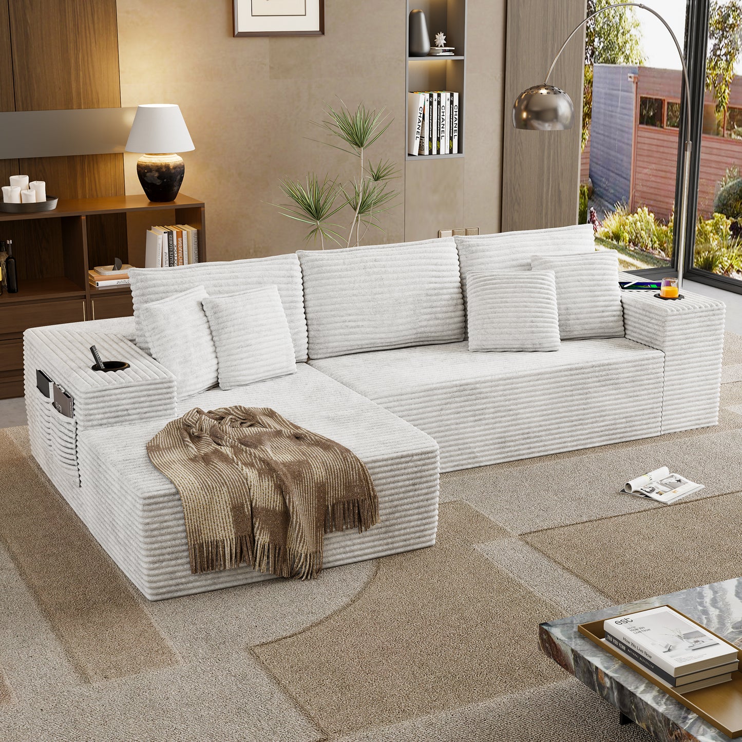 104.3'' L-Shape Cloud Sectional Couch, Modular Sectional Sofa with Side Pocket, Cup Holder&USB Port, Couch for Living Room Bedroom with Deep Seat, Plush Corduroy Fabric, No Assembly, Beige
