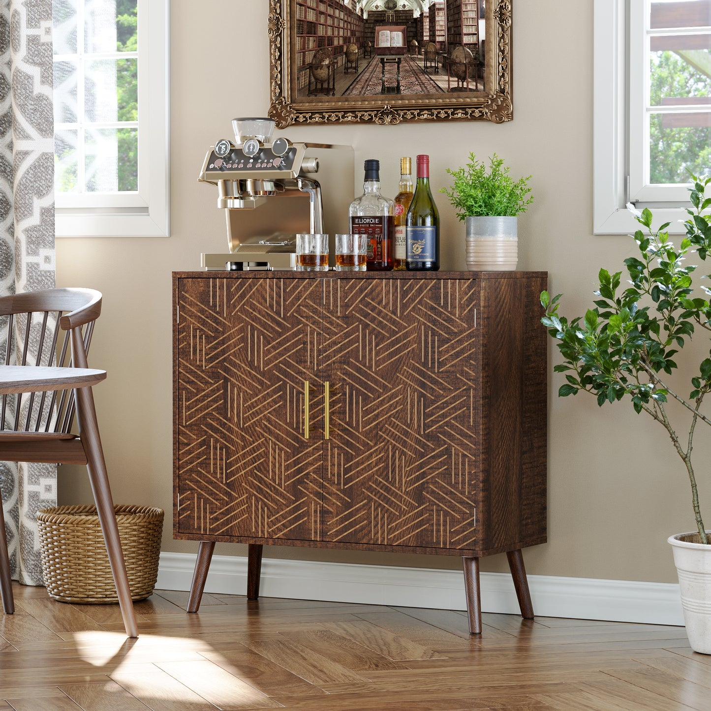 Sideboard Buffet Cabinet with Storage, Elegant Wood Accent Cabinet with Line Groove Design, Freestanding Storage Cabinet with Adjustable Shelves for Living Room, Kitchen, Entryway, Walnut