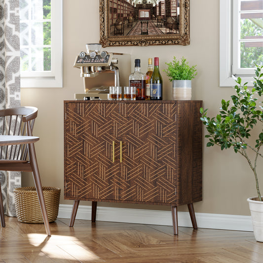 Sideboard Buffet Cabinet with Storage, Elegant Wood Accent Cabinet with Line Groove Design, Freestanding Storage Cabinet with Adjustable Shelves for Living Room, Kitchen, Entryway, Walnut