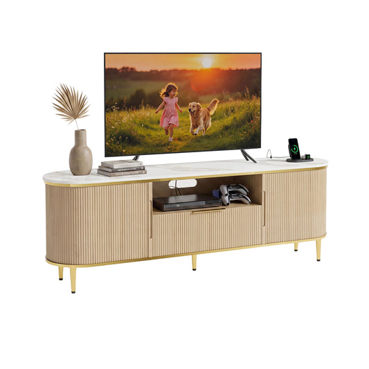 70'' Fluted TV Stand for 75, 80 Inch TV, Faux Marble Entertainment Center with Storage, Modern Curved Edge Media Console Cabinet for Living Room, Bedroom, Natural Oak