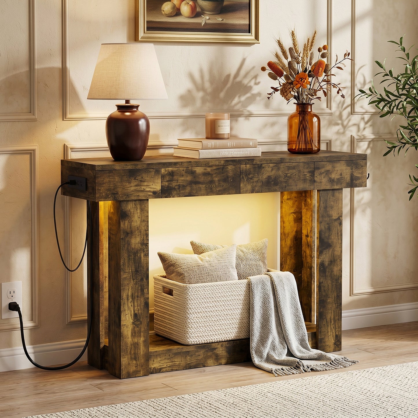 47'' Console Table with 3 Drawers and Open Storage, Entryway Table with Socket, LED Light and Hooks, Narrow Long Wood Sofa Table Behind Couch Table for Living Room, Hallway, Foyer, Brown