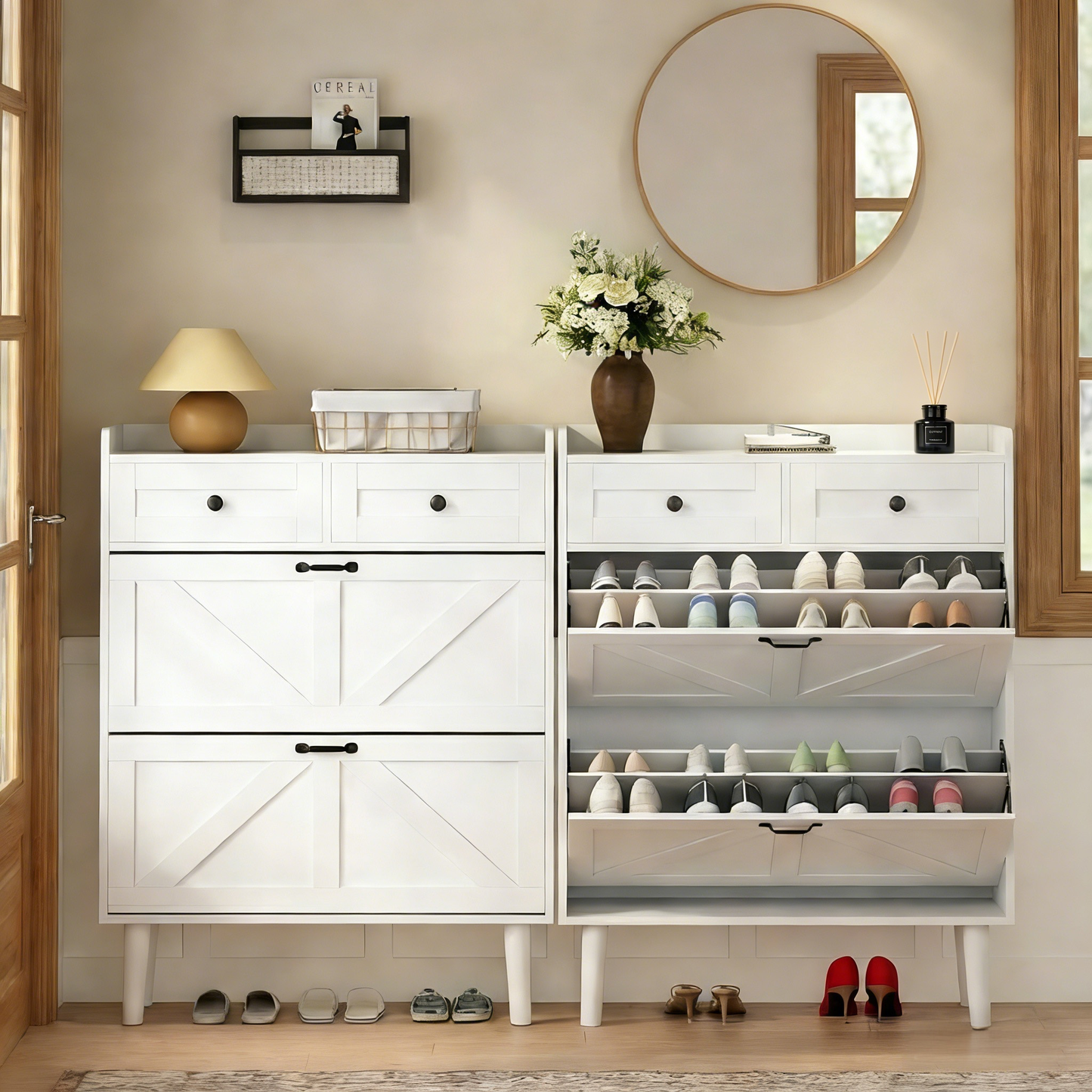 Shoe Cabinet with 2 Flip Drawers & 2 Drawers, Narrow Shoe Storage Cabinet, Freestanding Hidden Shoe Rack Cabinet for Entryway, Living Room, Front Door, Behind Door, White